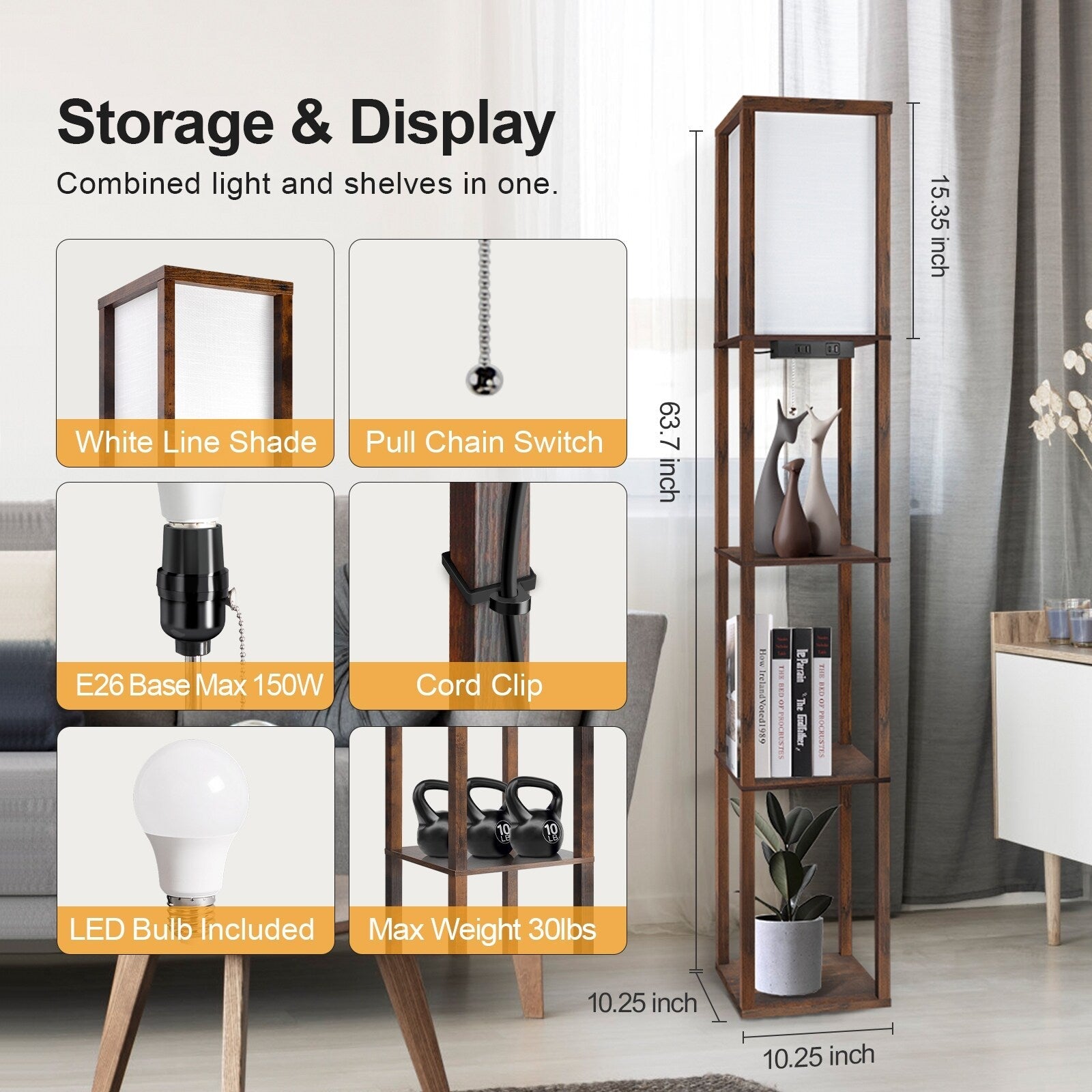 Lampadaire 63 avec étagères - Luminaire de salon avec étagères de rangement en bois