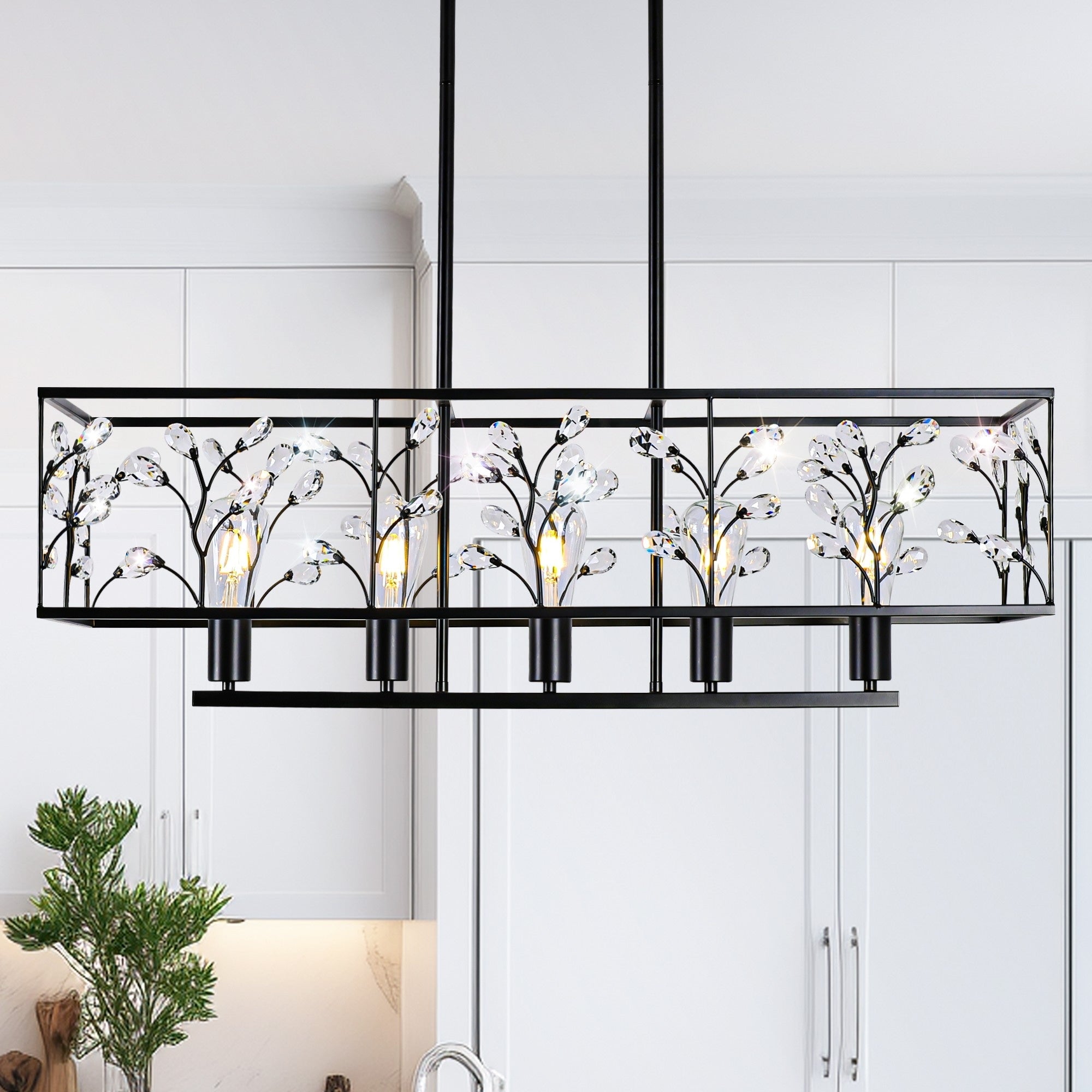 Lustre linéaire rectangulaire en cristal Starsky Farmhouse à 5 lumières pour salle à manger, certifié UL