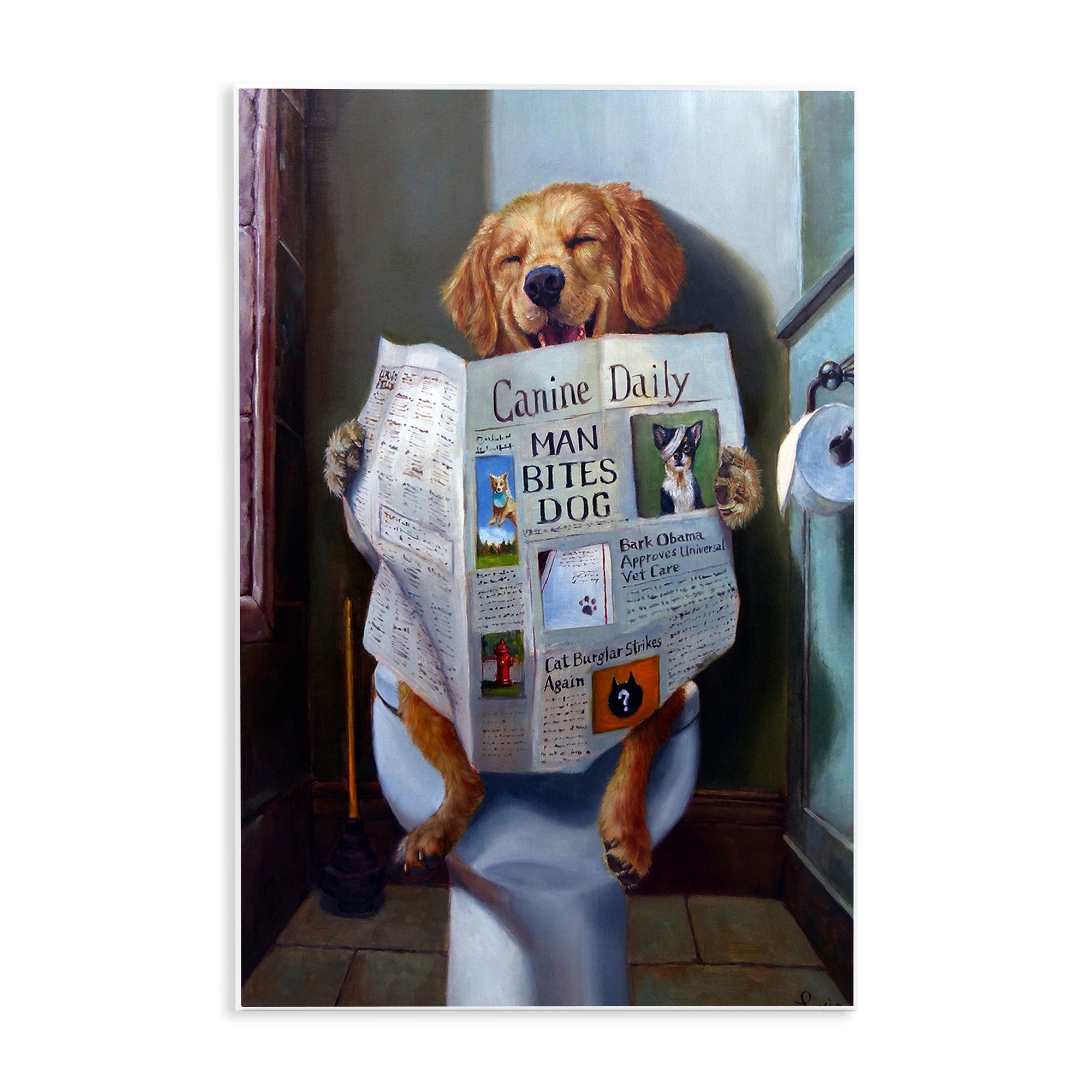 Plaque murale amusante représentant un chien Stupell lisant le journal sur les toilettes, fabriquée aux États-Unis.