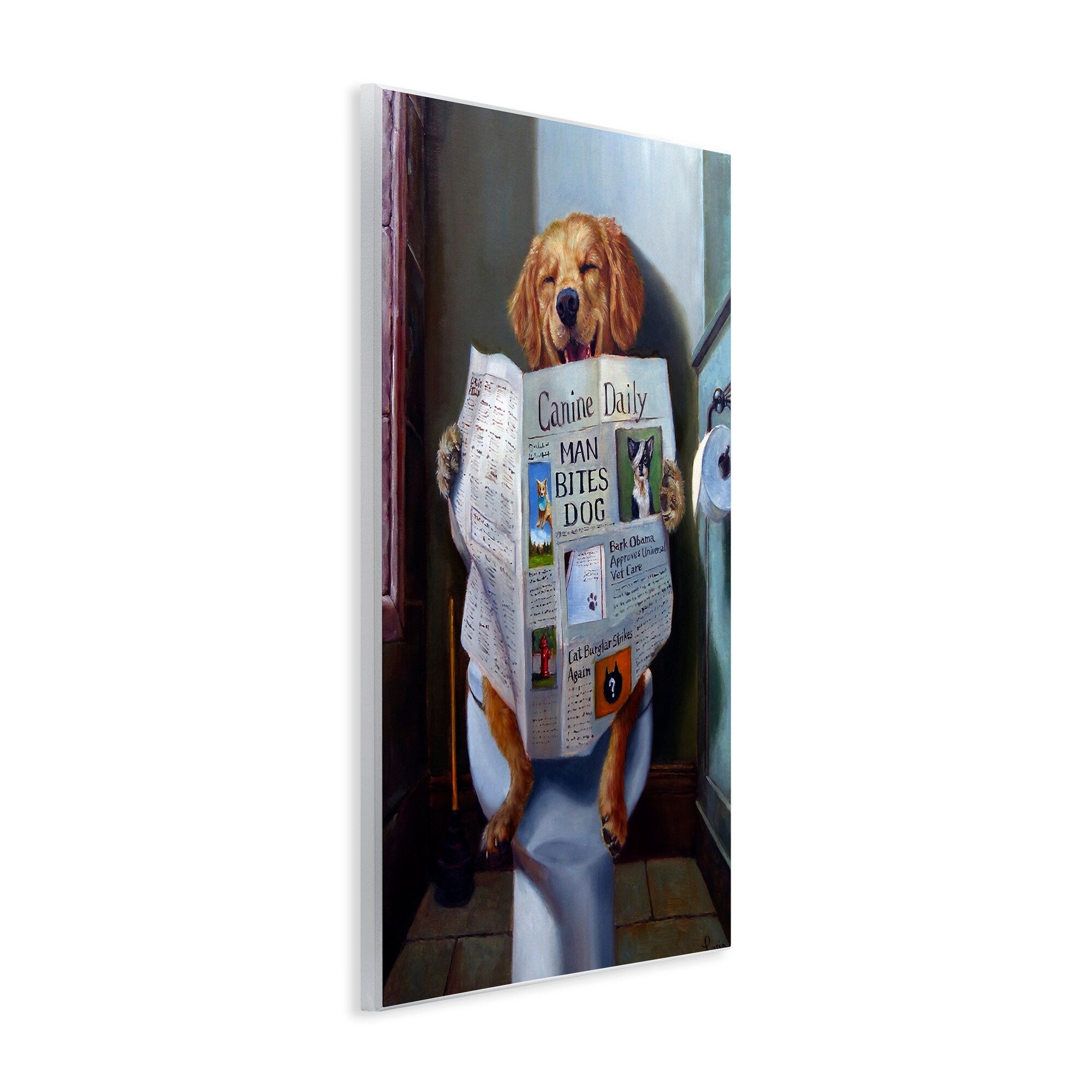 Plaque murale amusante représentant un chien Stupell lisant le journal sur les toilettes, fabriquée aux États-Unis.