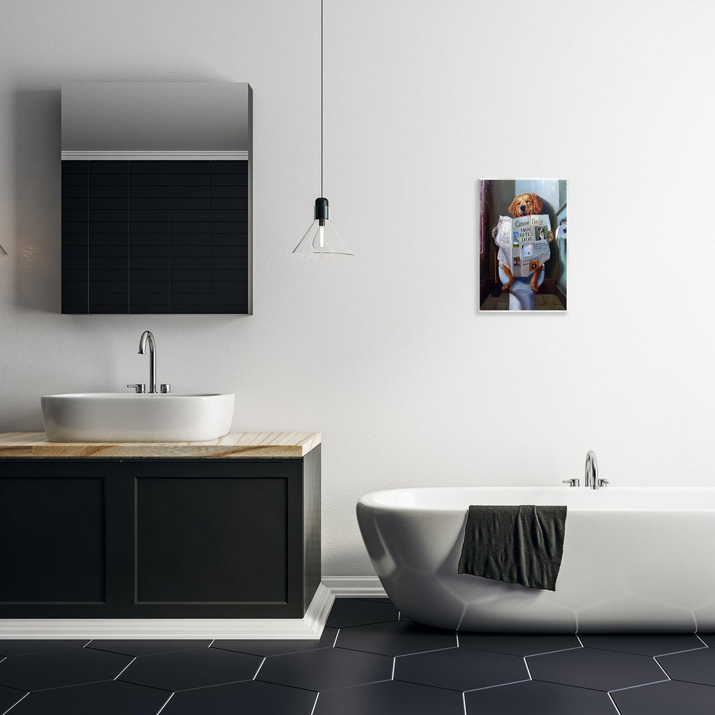 Plaque murale amusante représentant un chien Stupell lisant le journal sur les toilettes, fabriquée aux États-Unis.