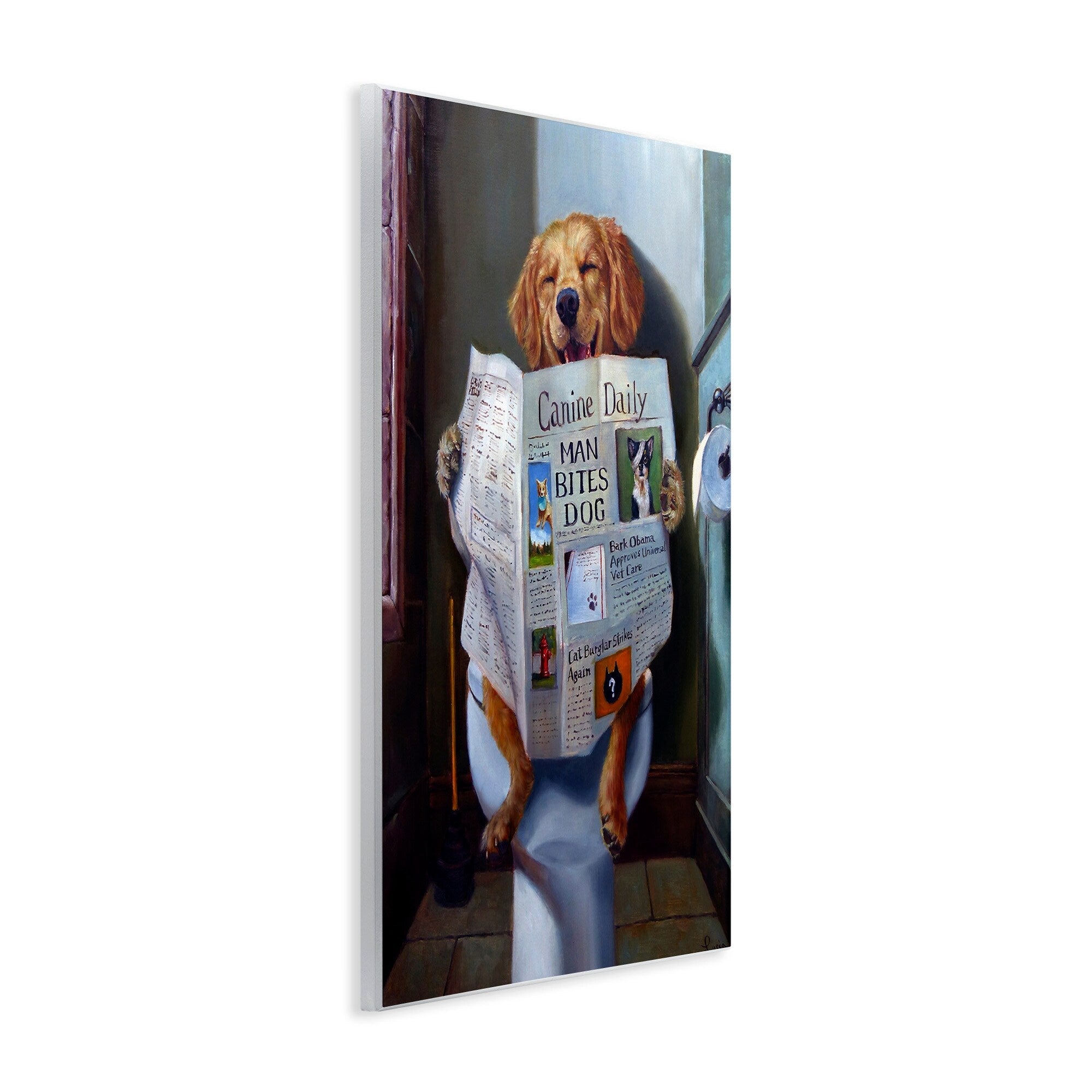 Plaque murale amusante représentant un chien Stupell lisant le journal sur les toilettes, fabriquée aux États-Unis.
