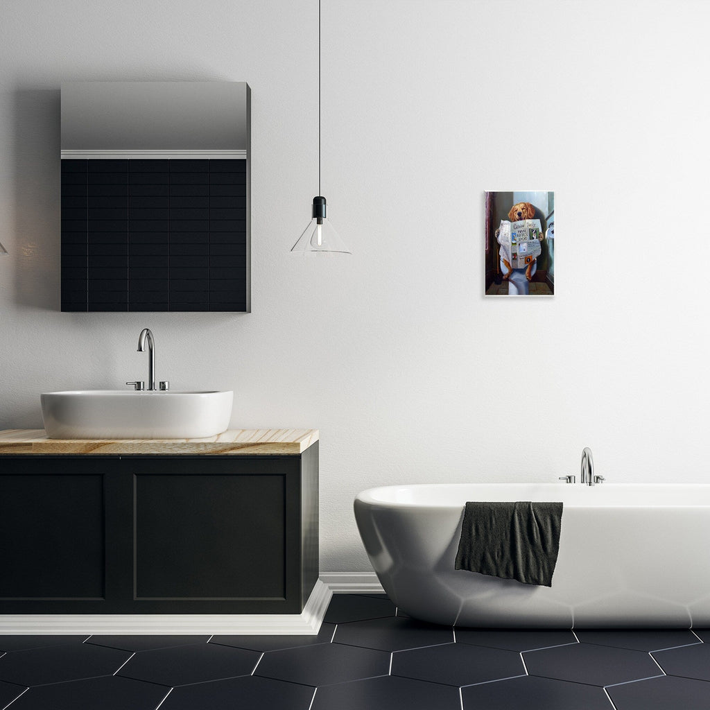 Plaque murale amusante représentant un chien Stupell lisant le journal sur les toilettes, fabriquée aux États-Unis.