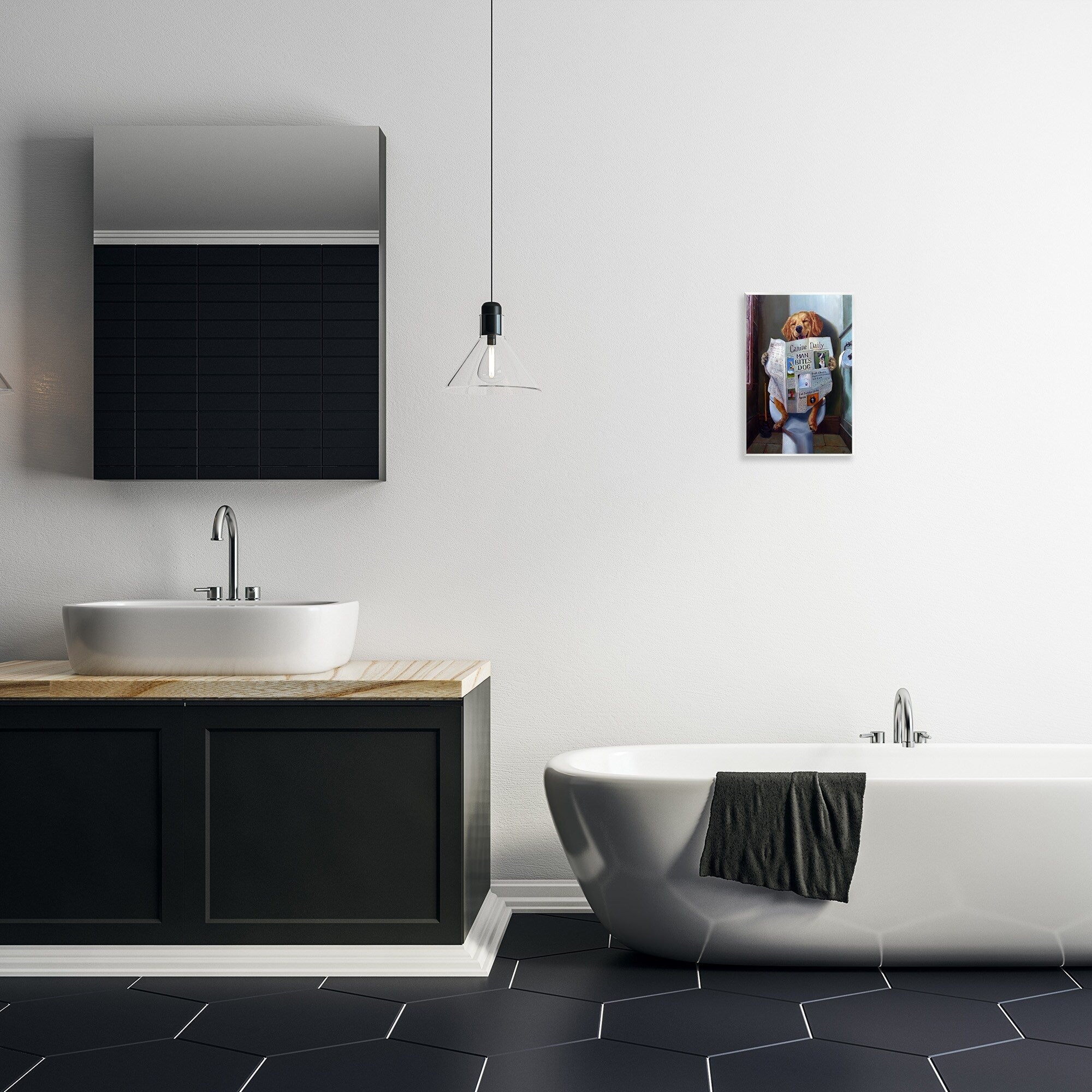 Plaque murale amusante représentant un chien Stupell lisant le journal sur les toilettes, fabriquée aux États-Unis.