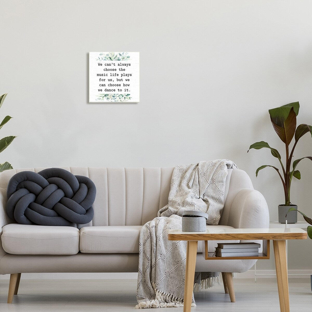 Décoration murale en bois avec citation inspirante « Musique et vie » de Stupell, composition botanique mixte, création Lettered and Lined - Blanc