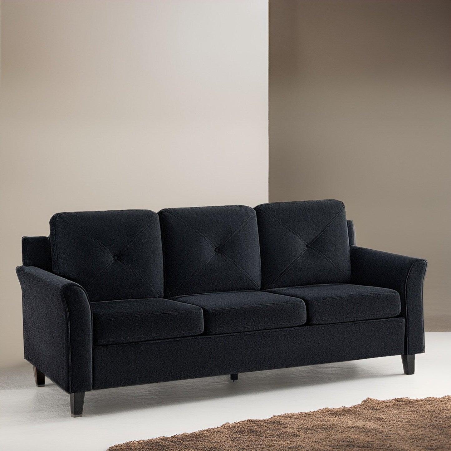 Canapé élégant combiné : canapé Chesterfield avec accoudoirs roulés et accoudoirs évasés capitonnés en microfibre pour petits espaces