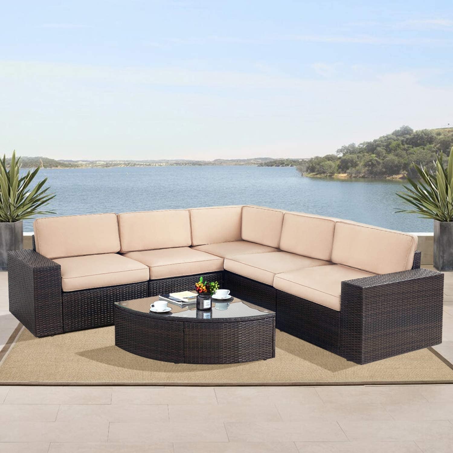 Ensemble de canapés d'extérieur 6 pièces en rotin marron Suncrown avec table