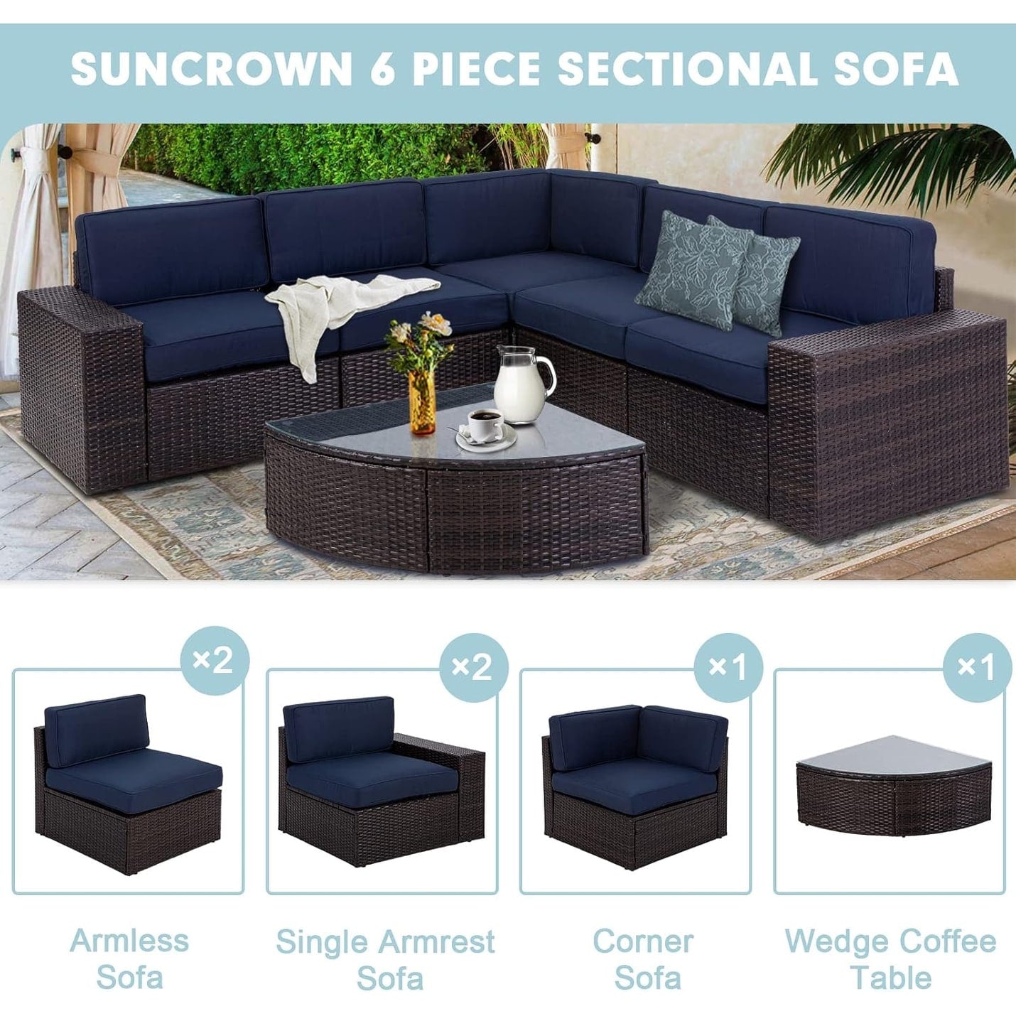 Ensemble de canapés d'extérieur 6 pièces en rotin marron Suncrown avec table