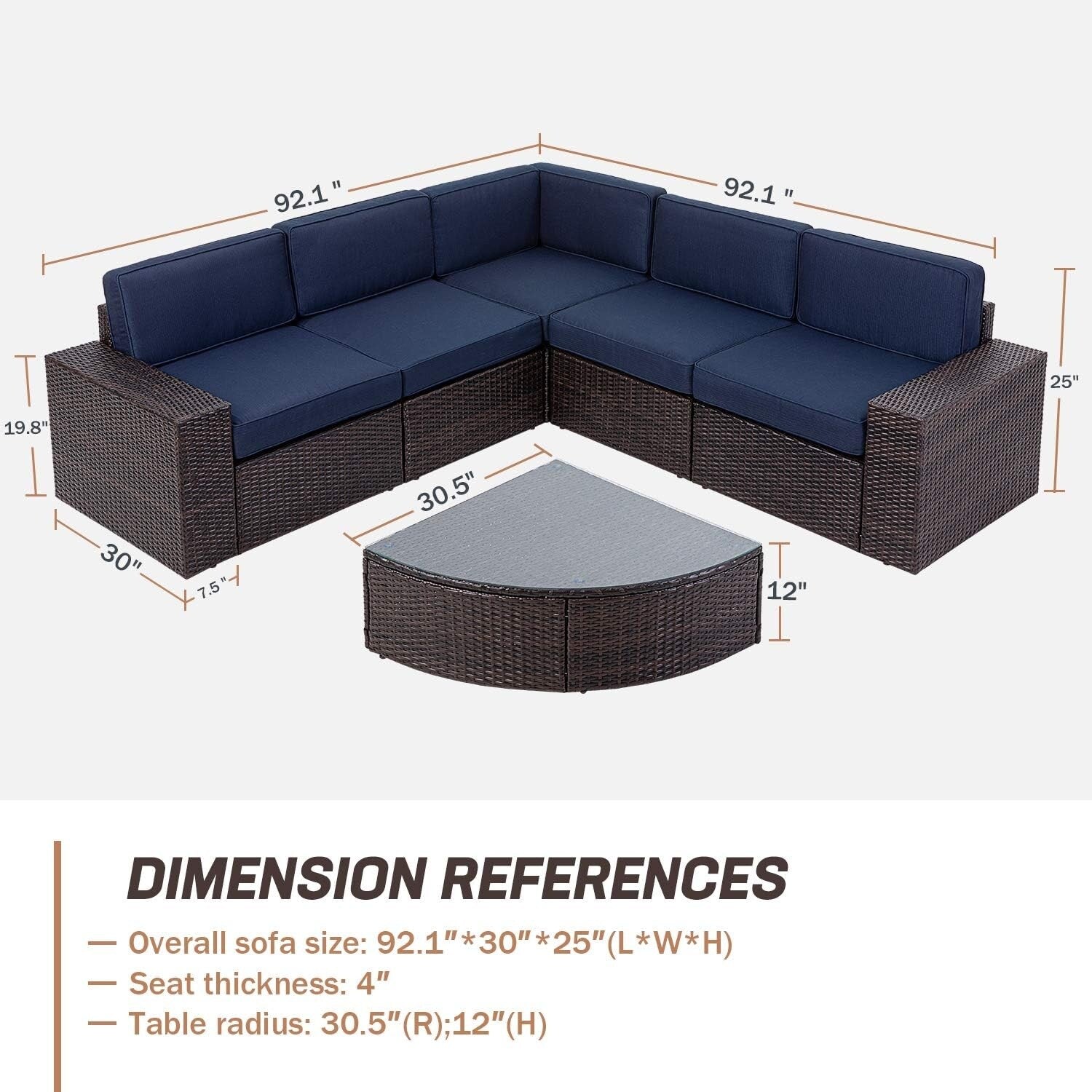 Ensemble de canapés d'extérieur 6 pièces en rotin marron Suncrown avec table