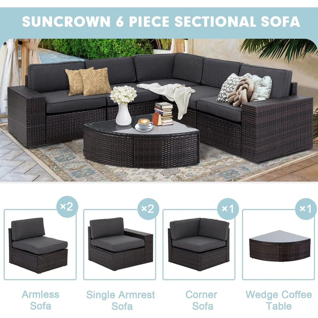 Ensemble de canapés d'extérieur 6 pièces en rotin marron Suncrown avec table