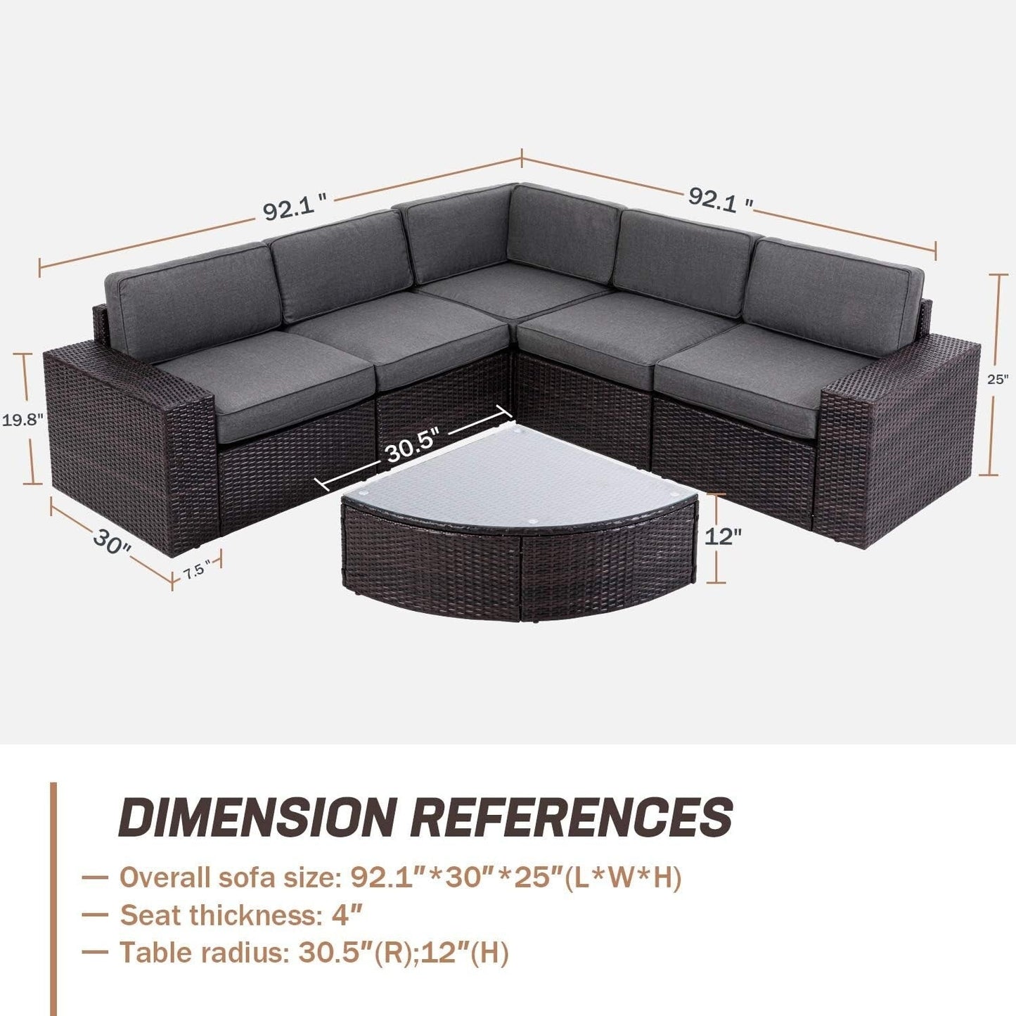 Ensemble de canapés d'extérieur 6 pièces en rotin marron Suncrown avec table
