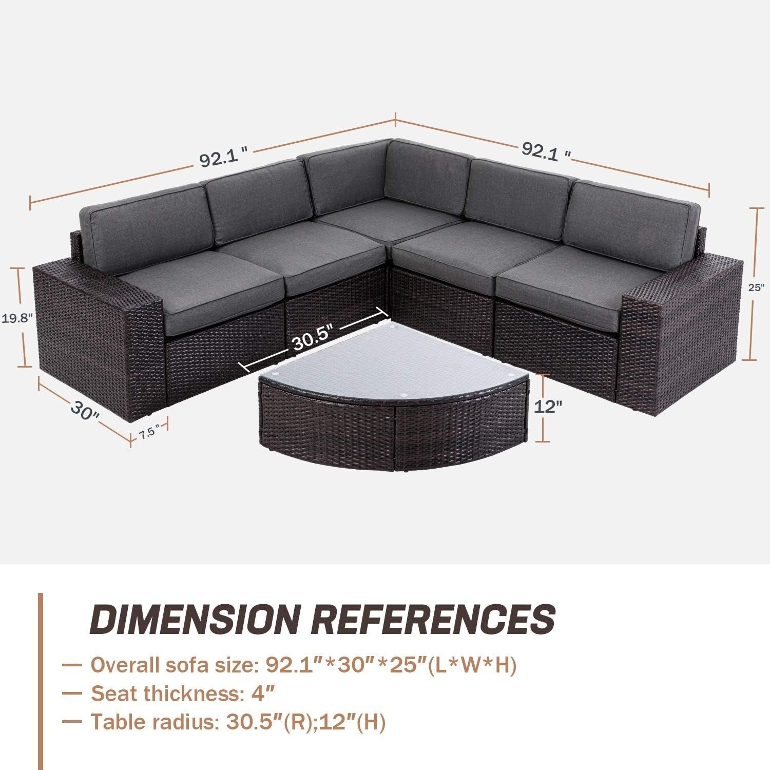 Ensemble de canapés d'extérieur 6 pièces en rotin marron Suncrown avec table