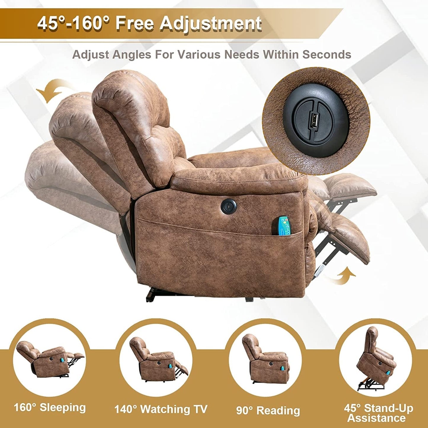Fauteuil inclinable électrique surdimensionné de 42 po avec massage et chauffage