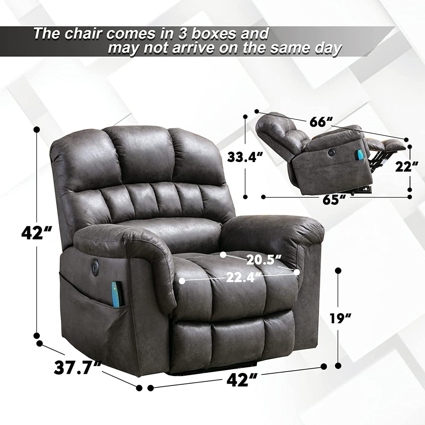 Fauteuil inclinable électrique surdimensionné de 42 po avec massage et chauffage
