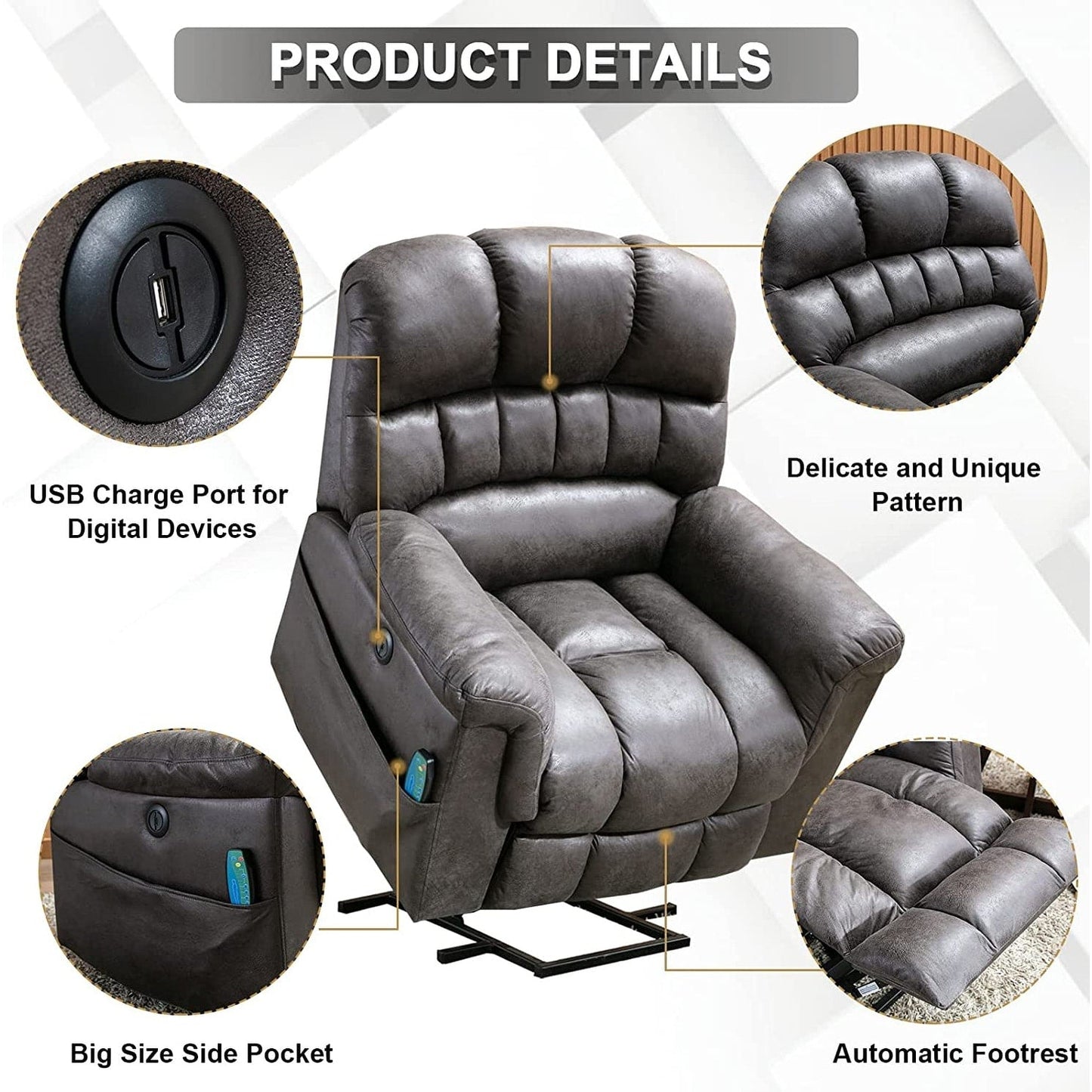 Fauteuil inclinable électrique surdimensionné de 42 po avec massage et chauffage