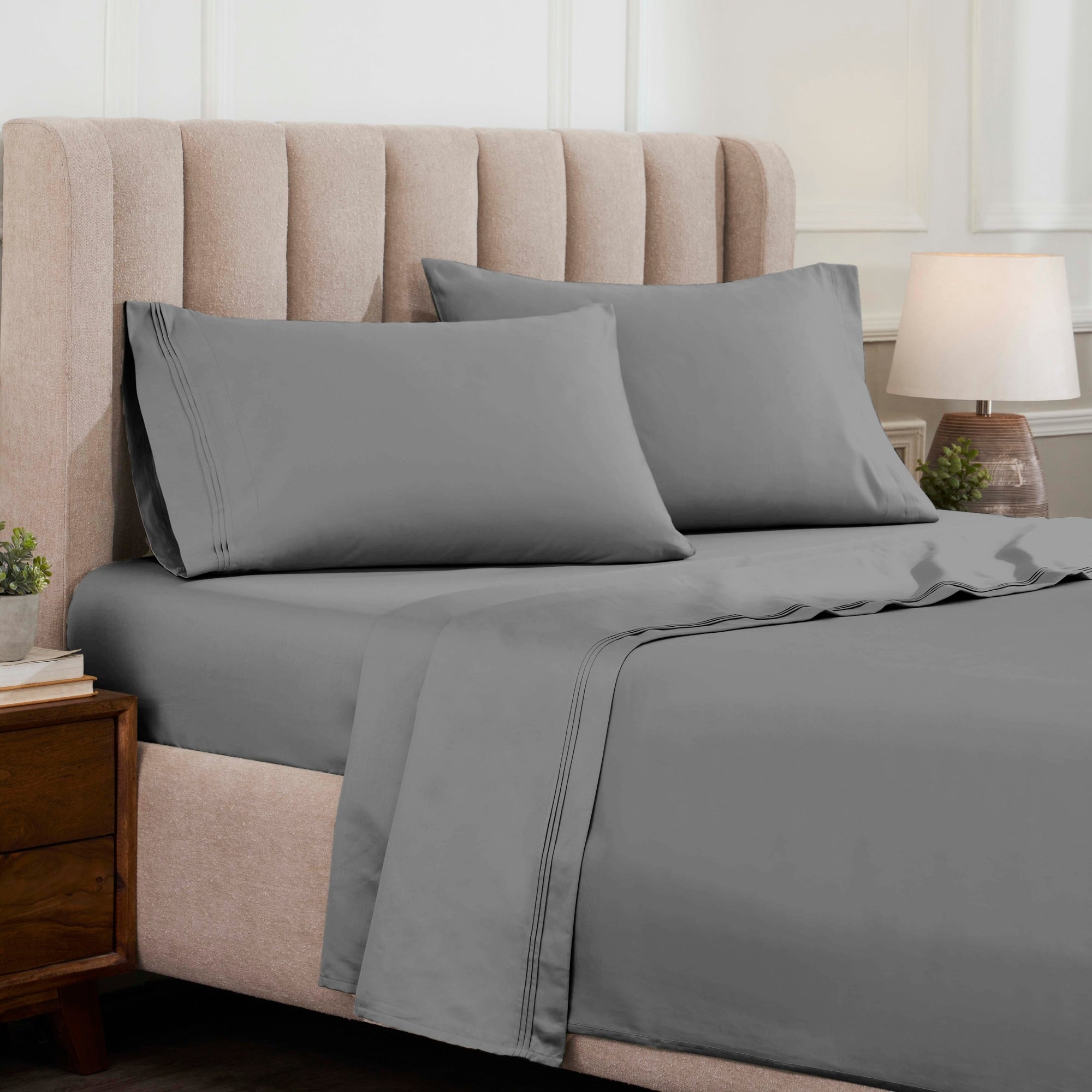 Parure de draps unie en coton égyptien de qualité supérieure, 1 500 fils au pouce carré, avec poches profondes
