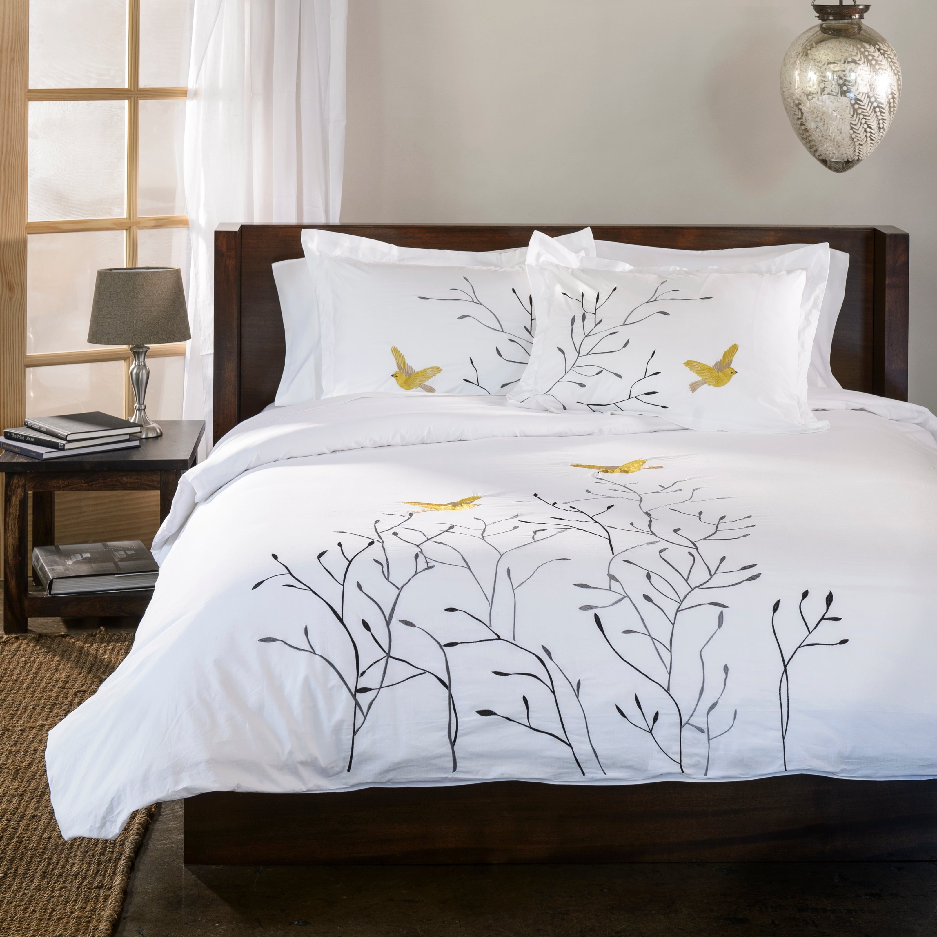 Parure de lit 3 pièces en coton brodé motif hirondelle de qualité supérieure