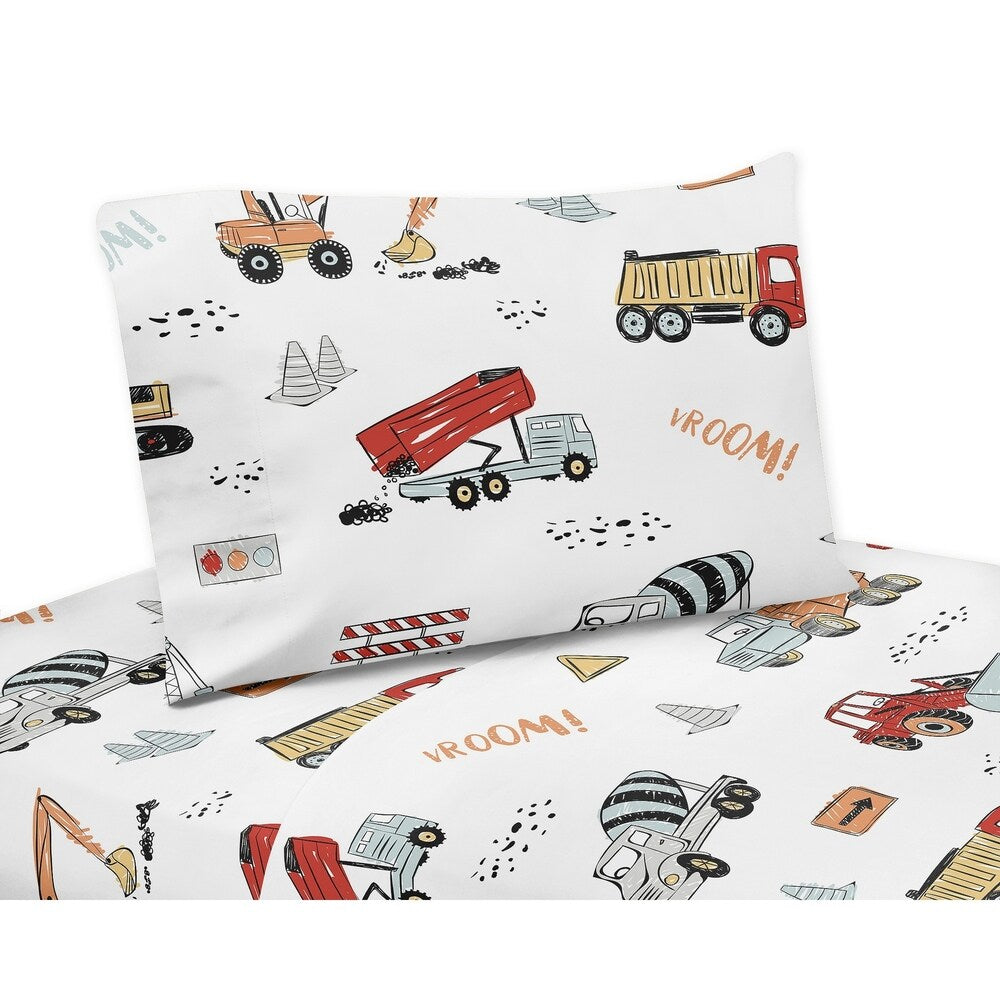 Ensemble de draps 3 pièces pour lit double Sweet Jojo Designs, collection Camion de construction - Gris, jaune, orange, rouge et bleu