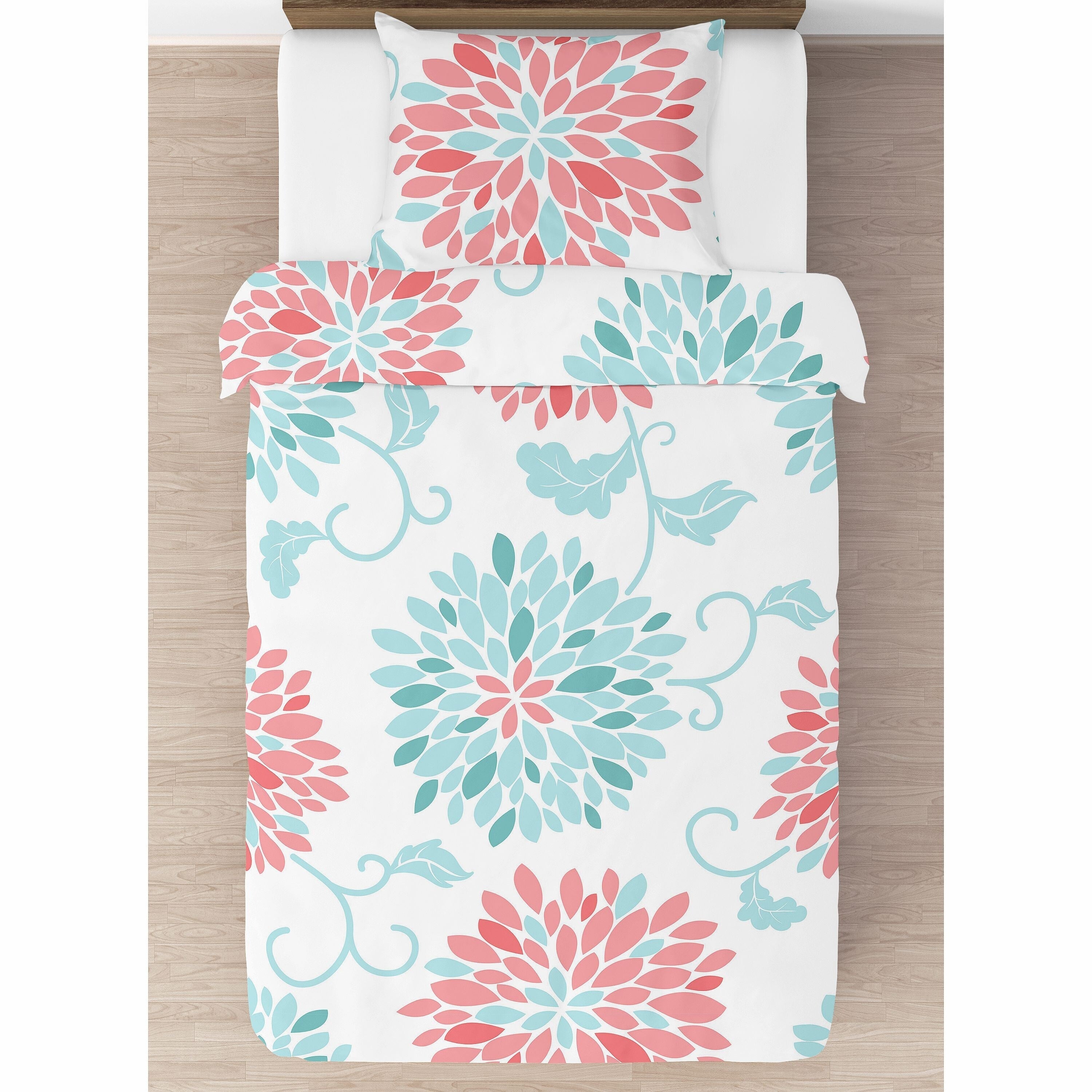Parure de lit 2 pièces Emma Girl de Sweet Jojo Designs - Motif floral corail et turquoise, style shabby chic et élégant