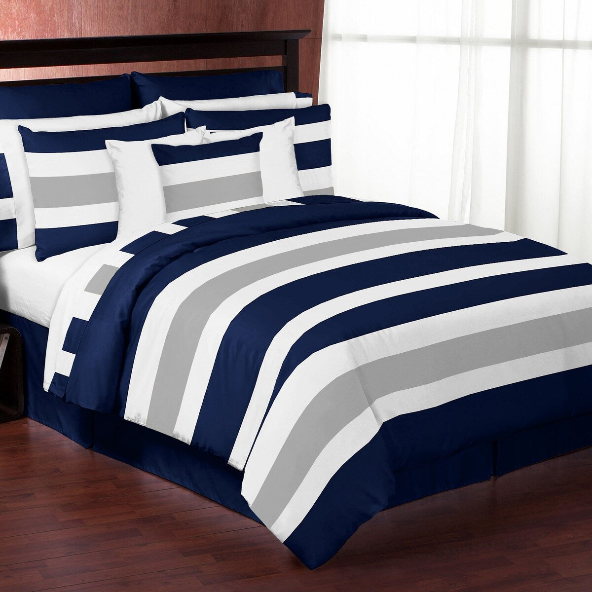 Ensemble de couette 3 pièces à rayures bleu marine et grises Sweet Jojo Designs pour lit double/queen size
