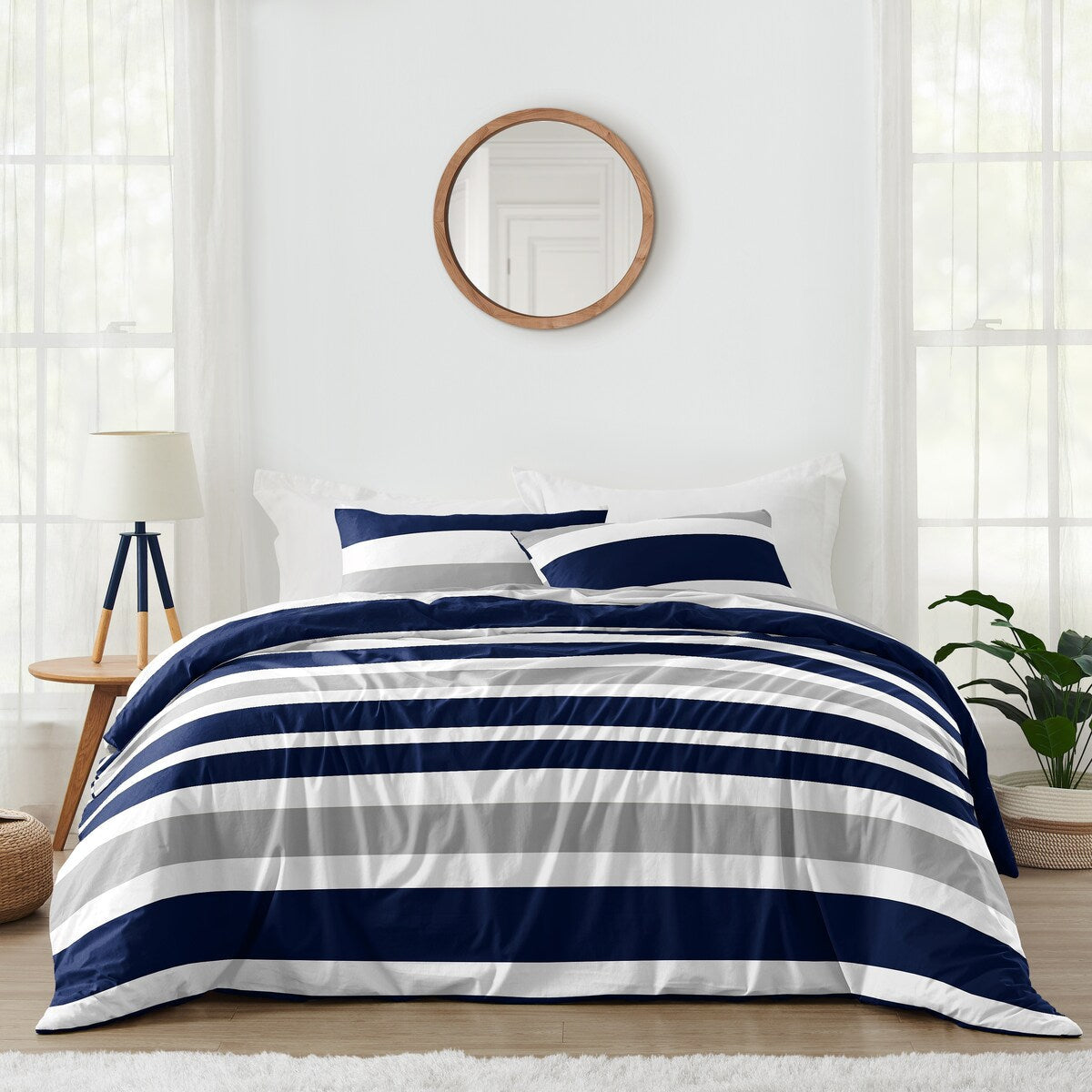 Ensemble de couette 3 pièces à rayures bleu marine et grises Sweet Jojo Designs pour lit double/queen size