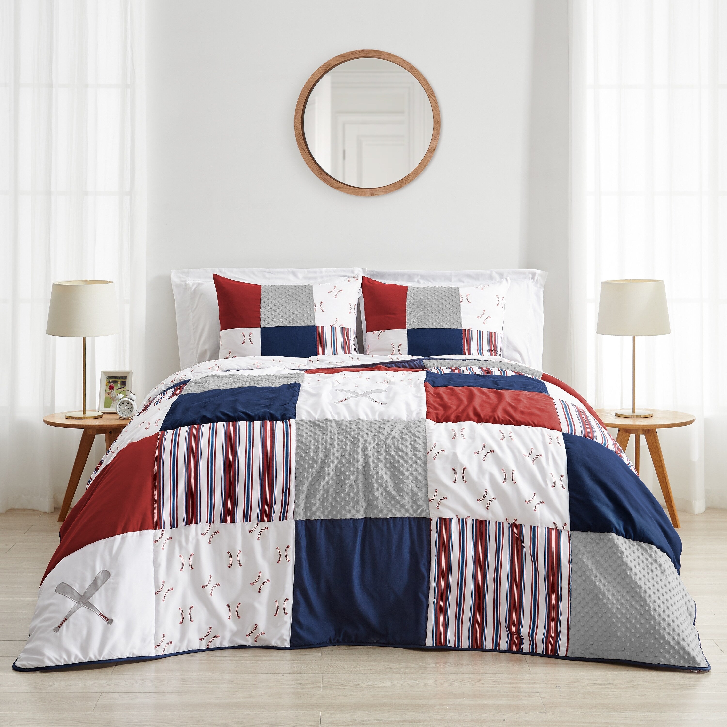 Ensemble de couette 3 pièces pour garçon, collection Sports, motif de baseball rouge, blanc et bleu, taille double/queen