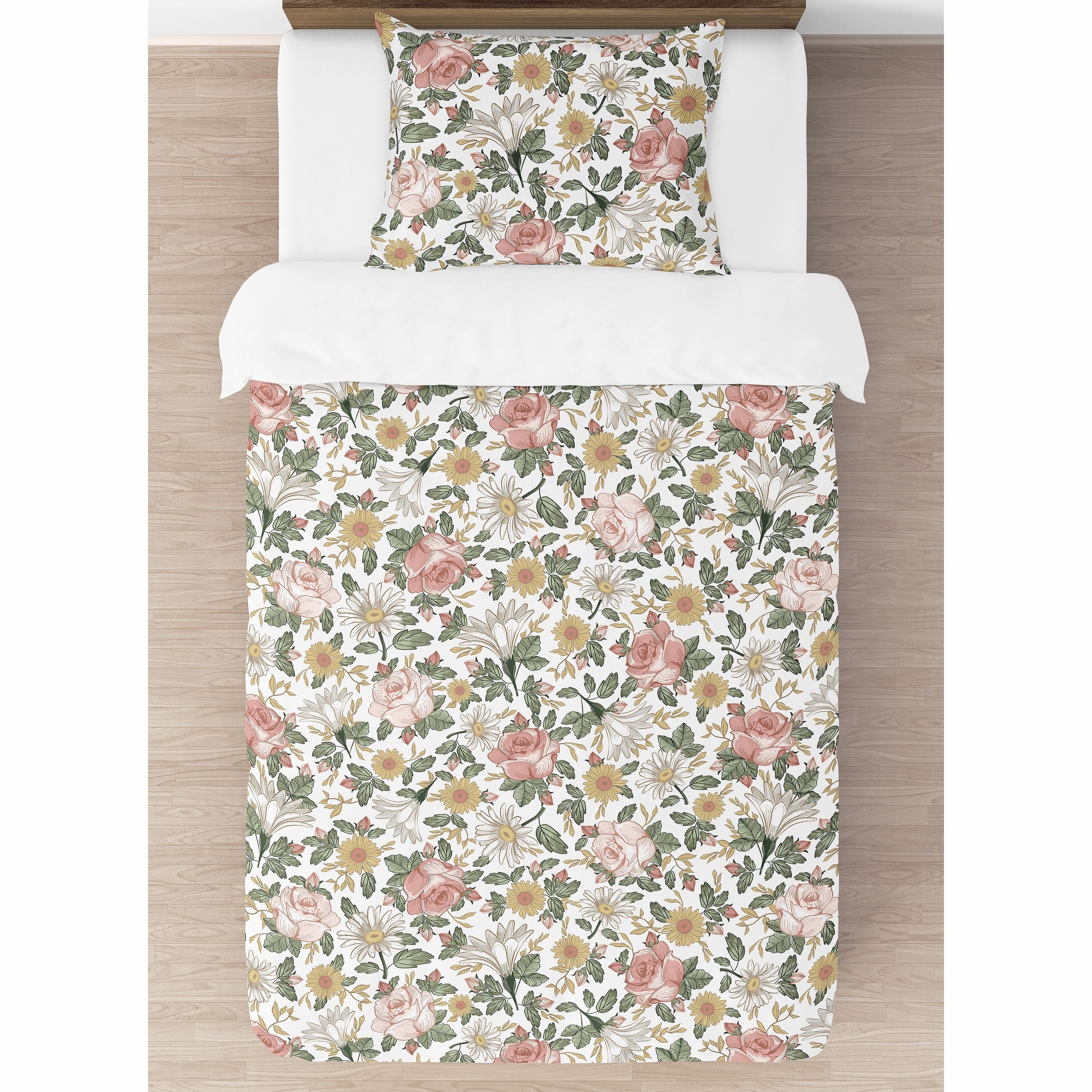 Sweet Jojo Designs Ensemble de couette double 2 pièces à motif floral vintage Boho Girl Blush Rose Jaune Vert Blanc Shabby Chic Rose Farmhouse