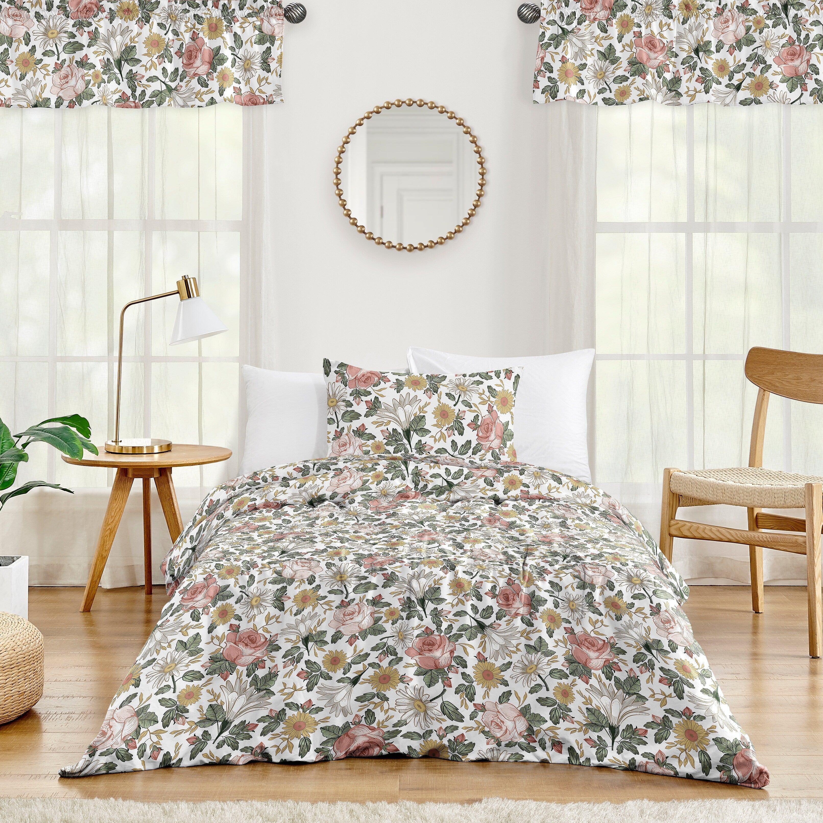 Sweet Jojo Designs Ensemble de couette double 2 pièces à motif floral vintage Boho Girl Blush Rose Jaune Vert Blanc Shabby Chic Rose Farmhouse