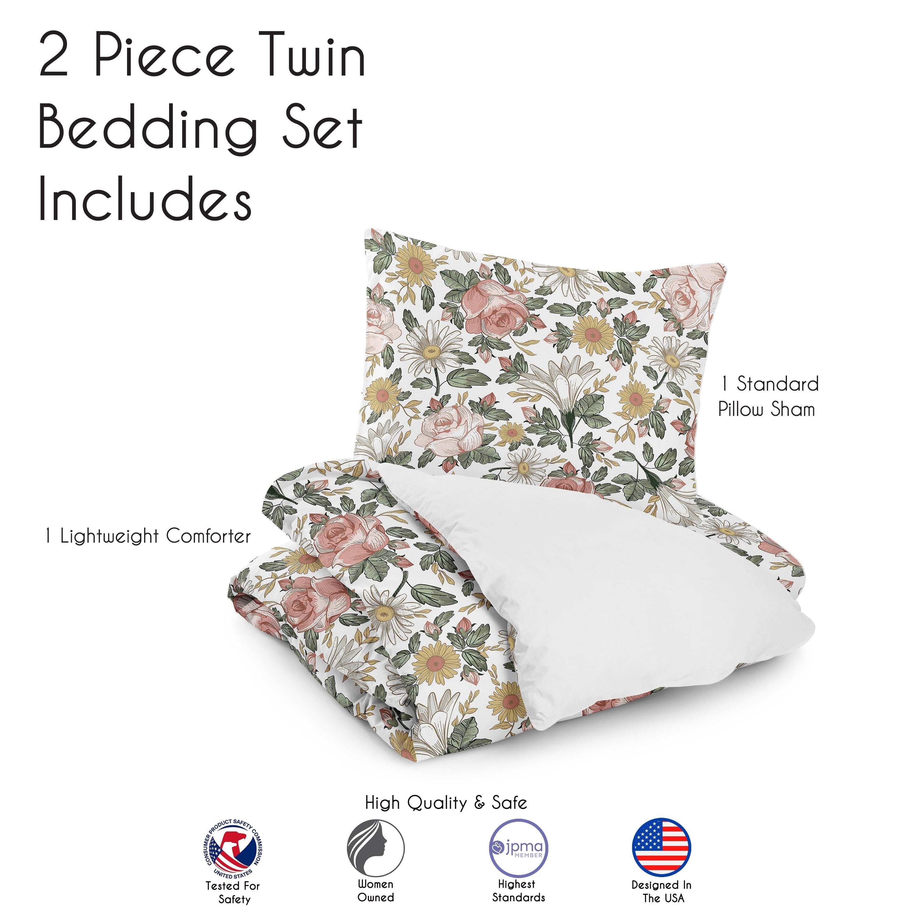 Sweet Jojo Designs Ensemble de couette double 2 pièces à motif floral vintage Boho Girl Blush Rose Jaune Vert Blanc Shabby Chic Rose Farmhouse
