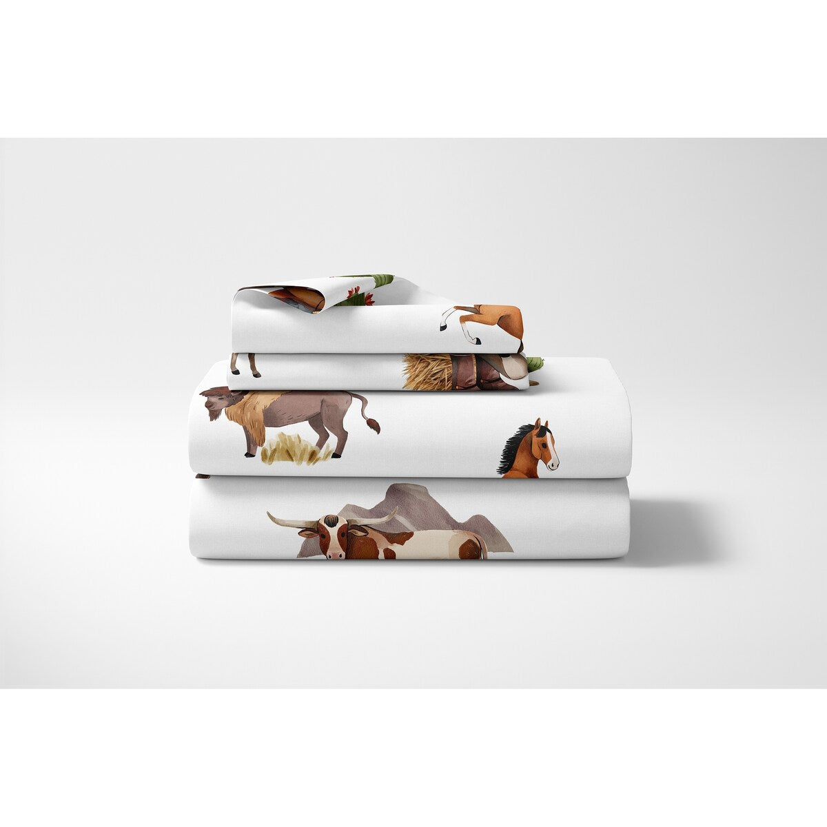 Sweet Jojo Designs Ensemble de draps 4 pièces pour grand lit Motif cowboy occidental, charme du sud de l'Ouest sauvage, pays du Sud, cheval, bœuf, vache, animal de ferme