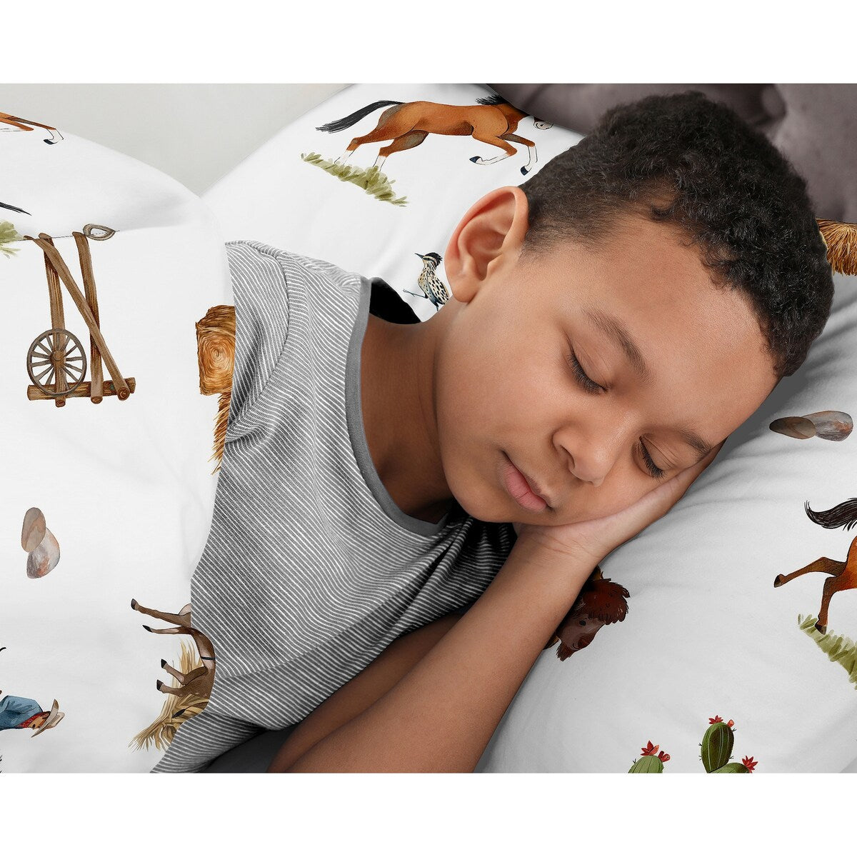 Sweet Jojo Designs Ensemble de draps 4 pièces pour grand lit Motif cowboy occidental, charme du sud de l'Ouest sauvage, pays du Sud, cheval, bœuf, vache, animal de ferme