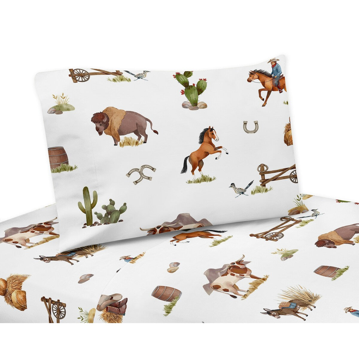Sweet Jojo Designs Ensemble de draps 4 pièces pour grand lit Motif cowboy occidental, charme du sud de l'Ouest sauvage, pays du Sud, cheval, bœuf, vache, animal de ferme