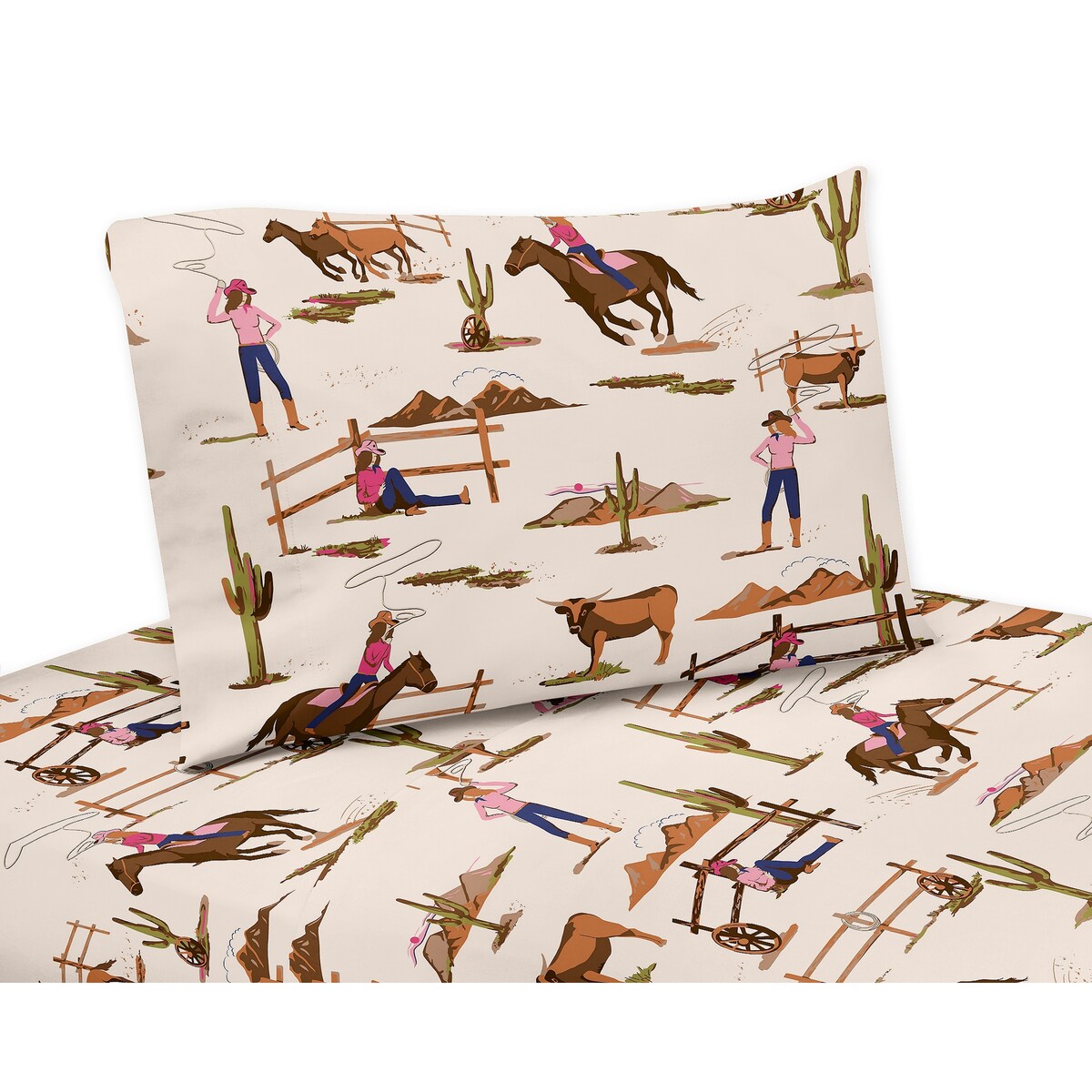 Sweet Jojo Designs Ensemble de draps Queen Size 4p Western Cowgirl Girl Wild West Vintage Country Retro Animal Cheval Sud-Ouest Rose Bleu Tan