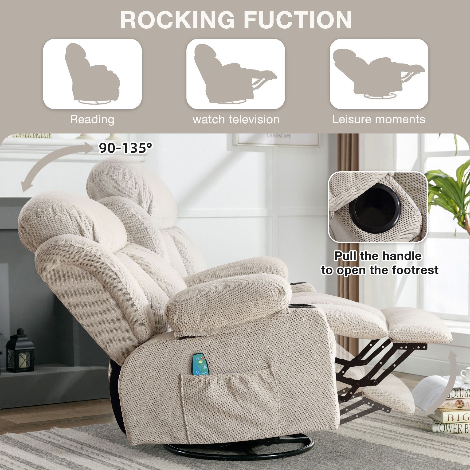 Fauteuil de massage chauffant pivotant, avec port USB et 2 porte-gobelets dans les poches latérales, accoudoirs en plastique