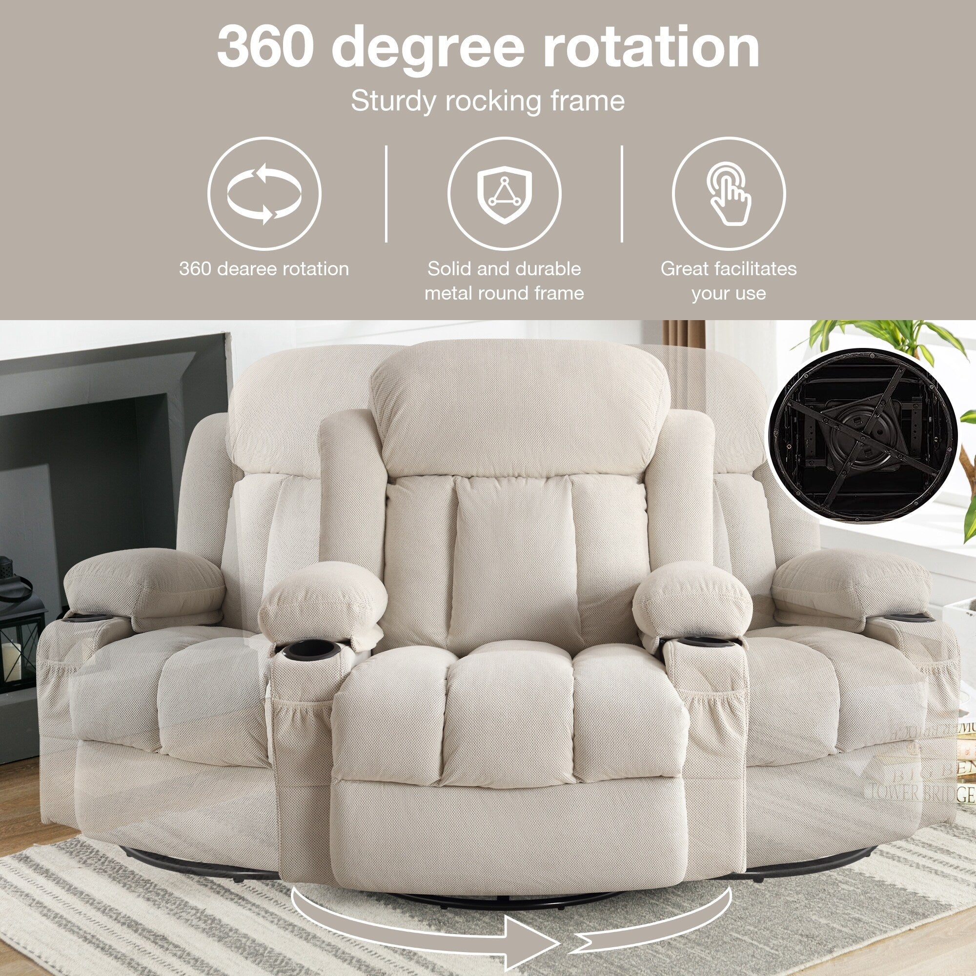 Fauteuil de massage chauffant pivotant, avec port USB et 2 porte-gobelets dans les poches latérales, accoudoirs en plastique