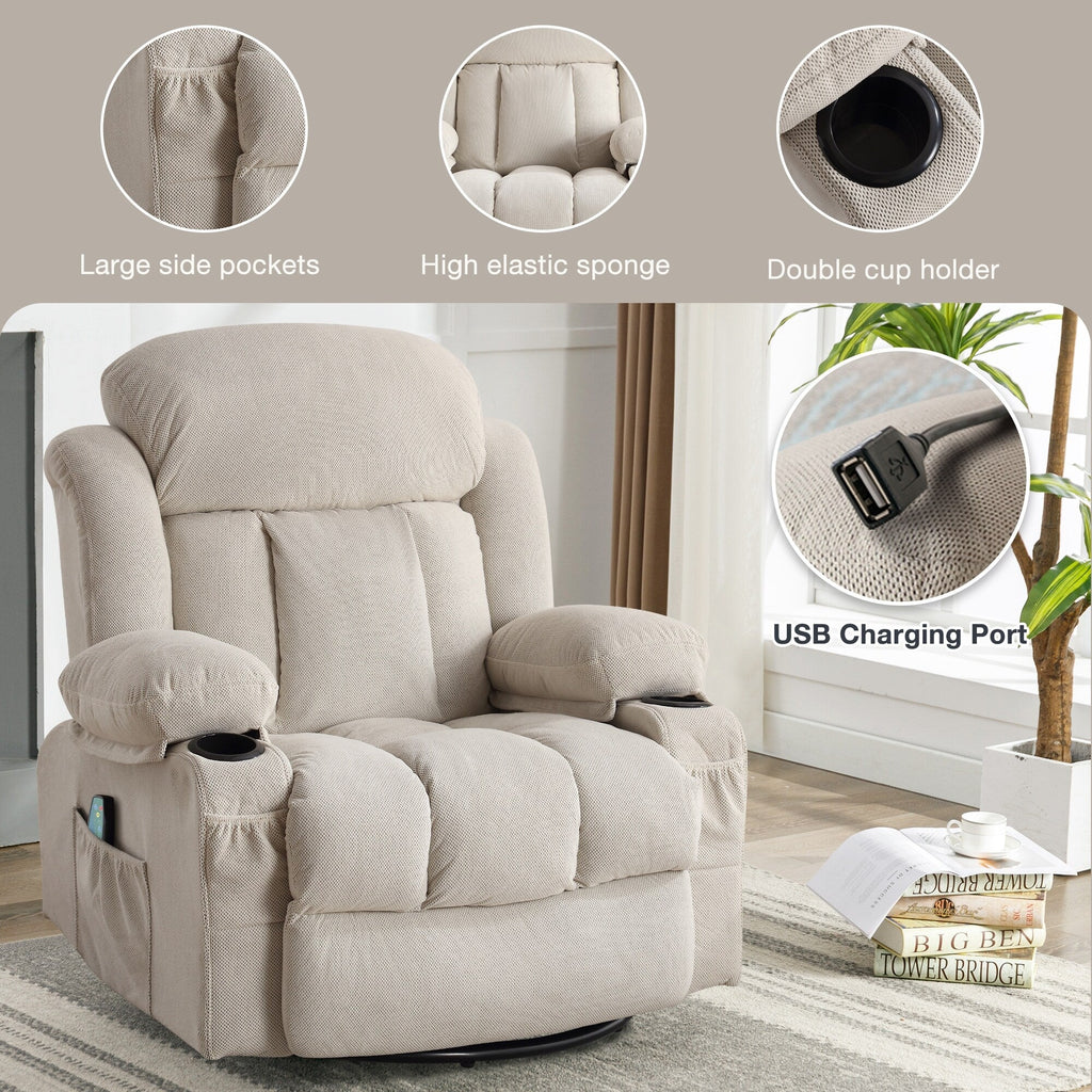 Fauteuil de massage chauffant pivotant, avec port USB et 2 porte-gobelets dans les poches latérales, accoudoirs en plastique