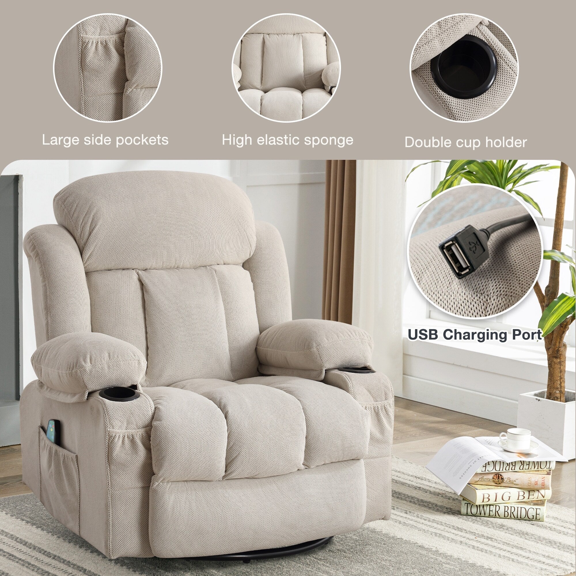 Fauteuil de massage chauffant pivotant, avec port USB et 2 porte-gobelets dans les poches latérales, accoudoirs en plastique
