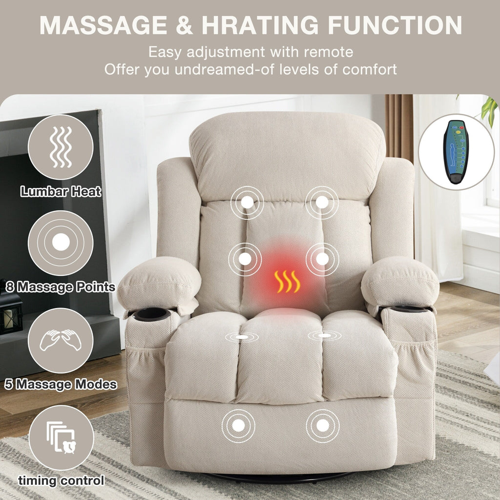 Fauteuil de massage chauffant pivotant, avec port USB et 2 porte-gobelets dans les poches latérales, accoudoirs en plastique