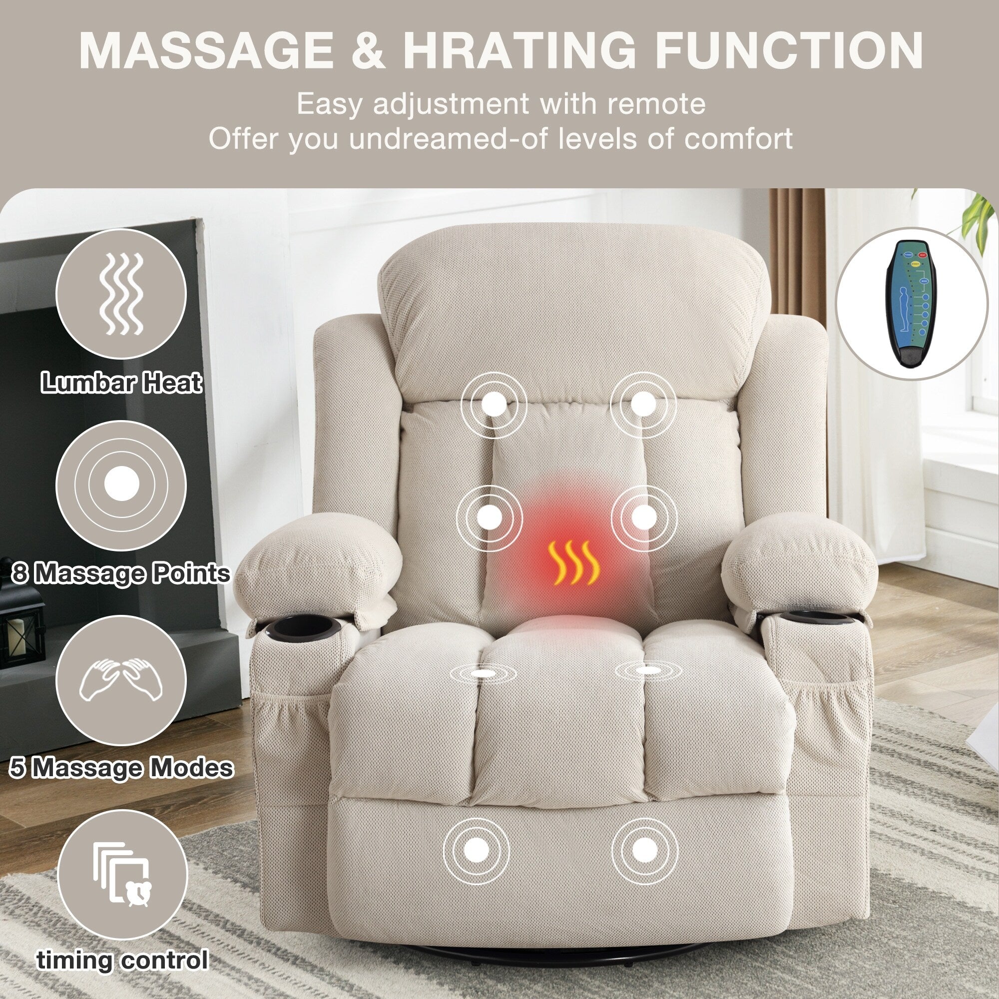 Fauteuil de massage chauffant pivotant, avec port USB et 2 porte-gobelets dans les poches latérales, accoudoirs en plastique