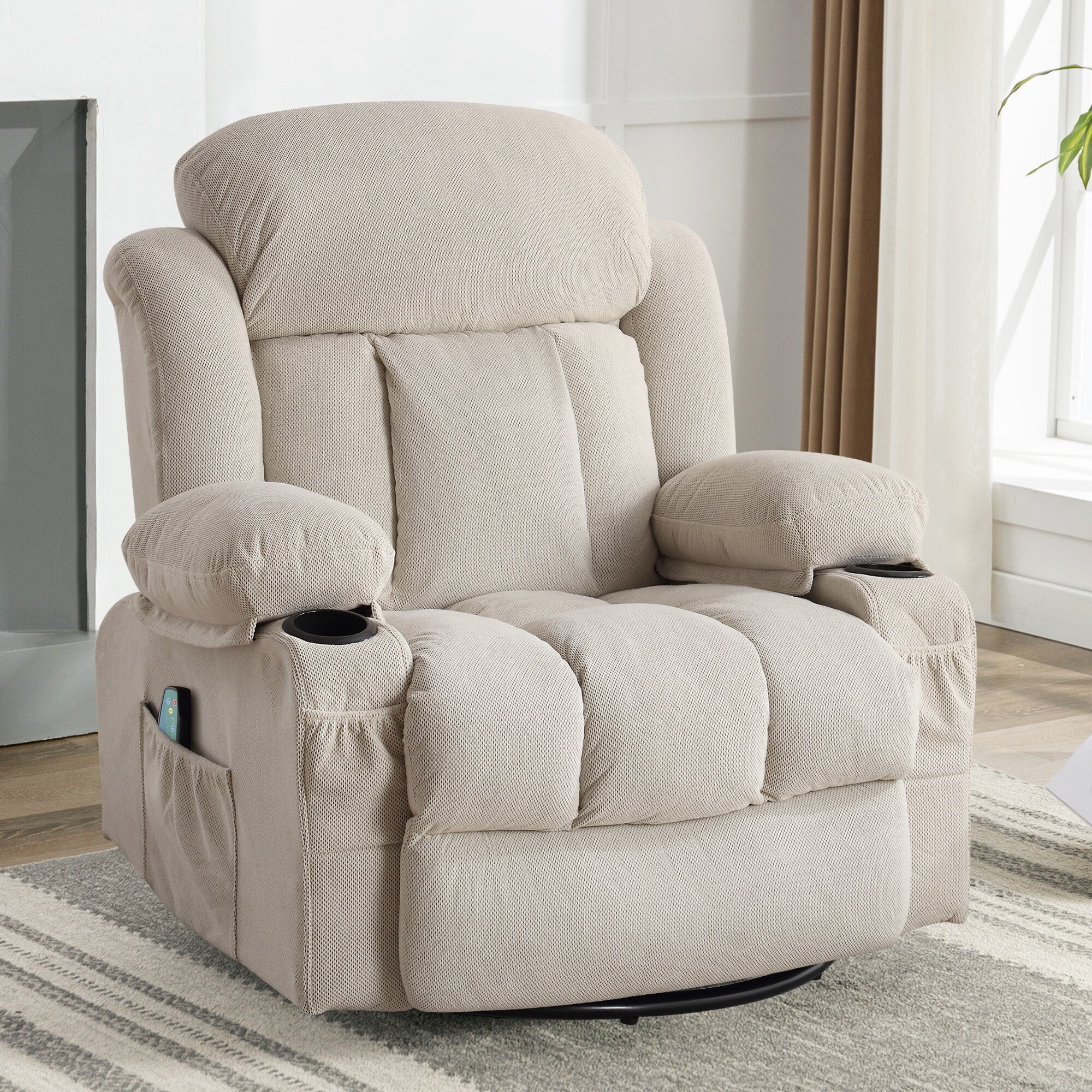 Fauteuil de massage chauffant pivotant, avec port USB et 2 porte-gobelets dans les poches latérales, accoudoirs en plastique