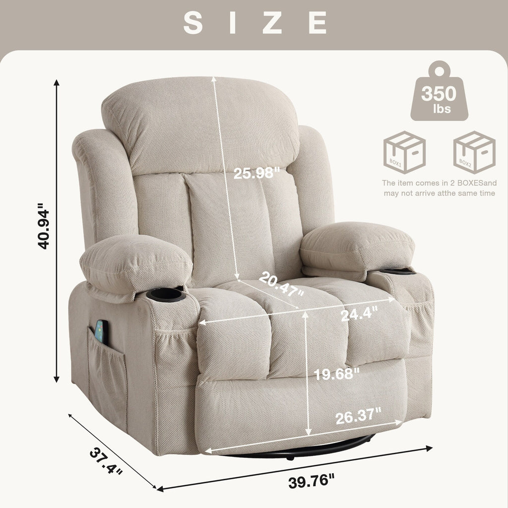 Fauteuil de massage chauffant pivotant, avec port USB et 2 porte-gobelets dans les poches latérales, accoudoirs en plastique