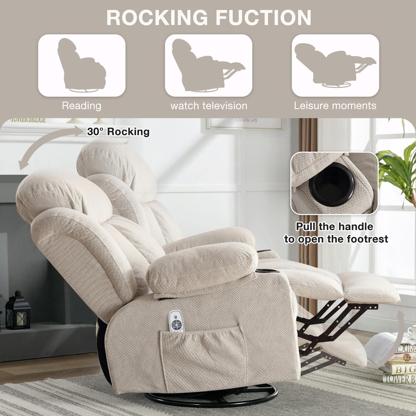 Fauteuil massant chauffant pivotant, avec port USB et 2 porte-gobelets dans les poches latérales