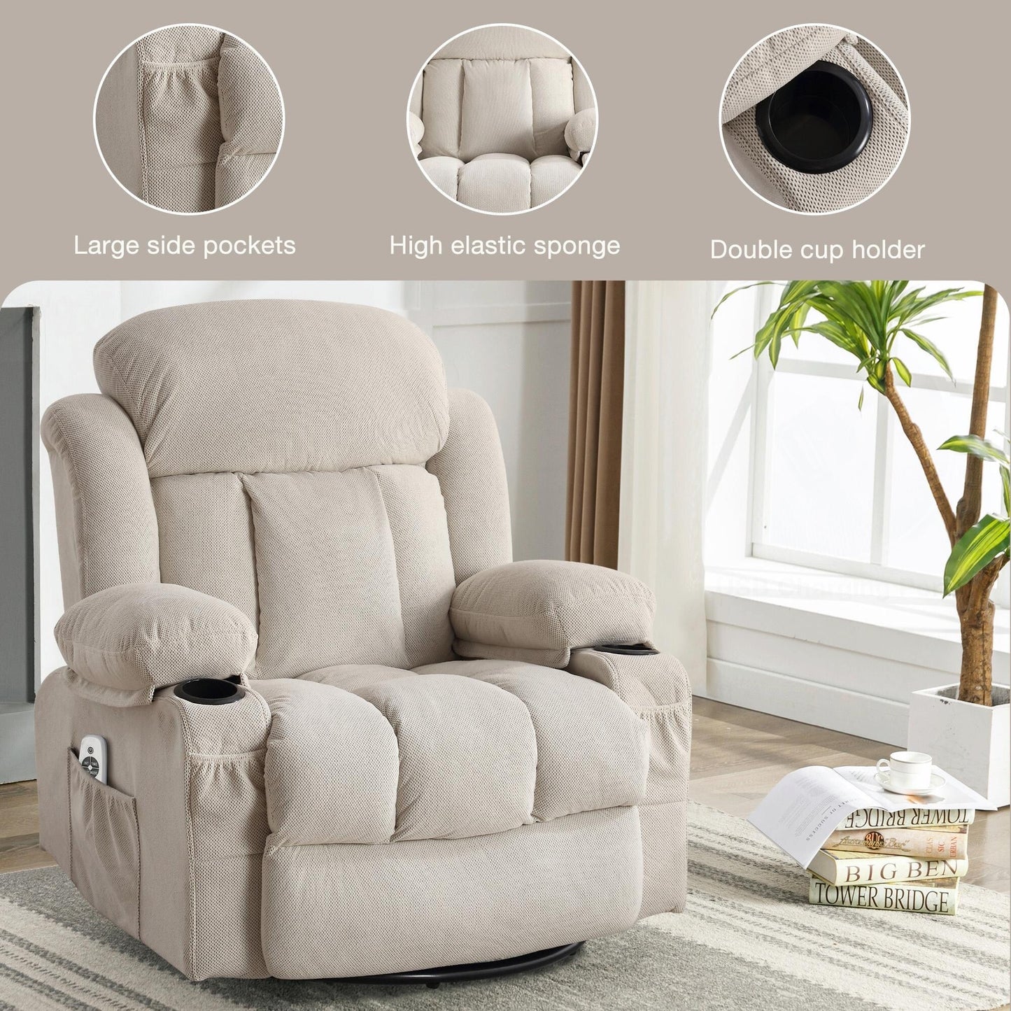 Fauteuil massant chauffant pivotant, avec port USB et 2 porte-gobelets dans les poches latérales