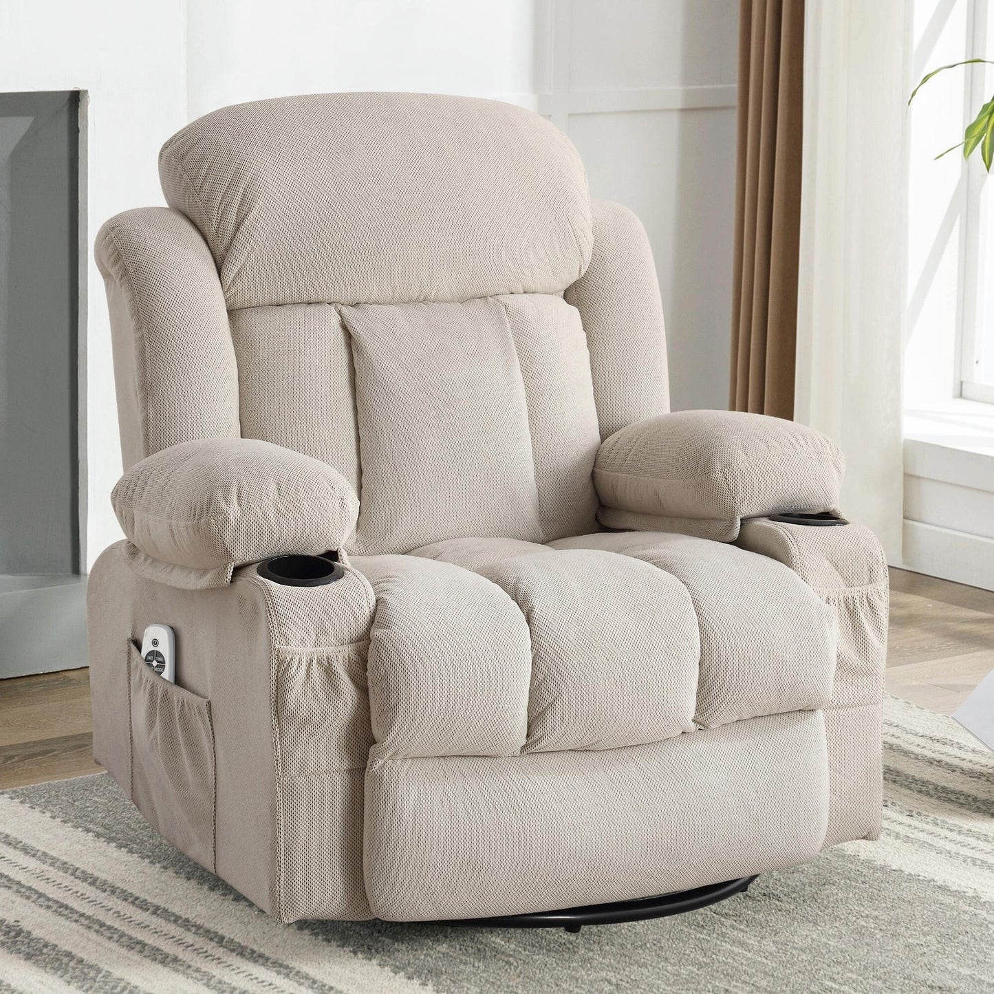 Fauteuil massant chauffant pivotant, avec port USB et 2 porte-gobelets dans les poches latérales