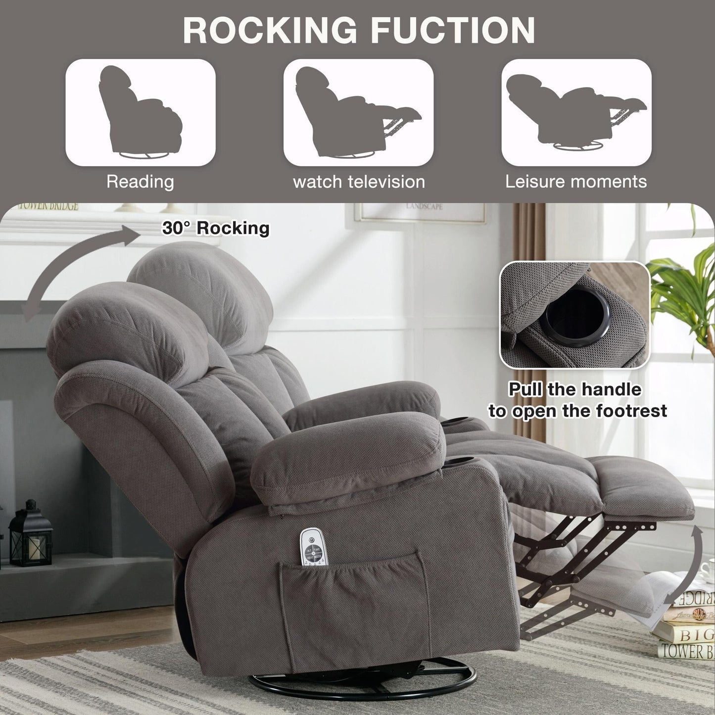 Fauteuil massant chauffant pivotant, avec port USB et 2 porte-gobelets dans les poches latérales