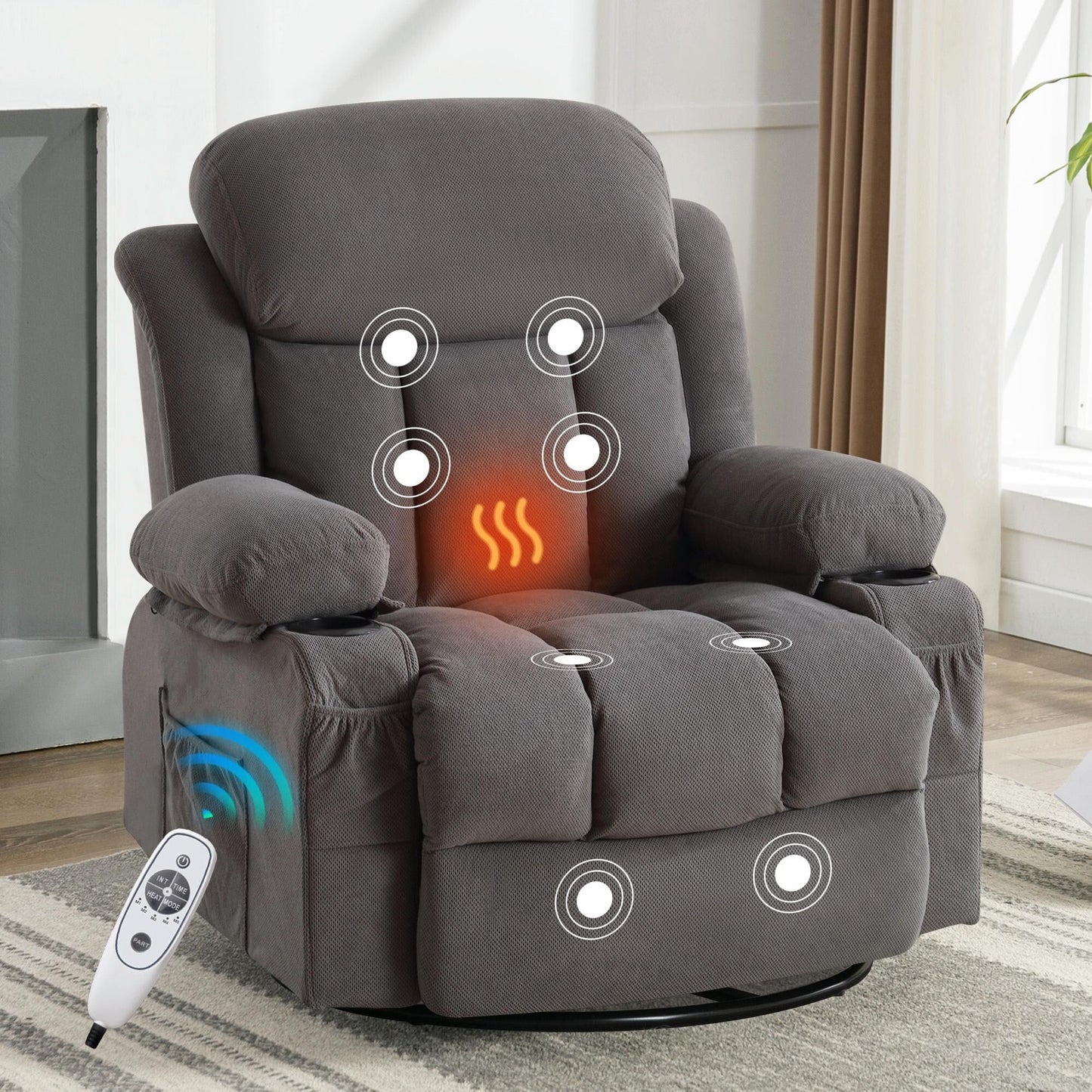 Fauteuil massant chauffant pivotant, avec port USB et 2 porte-gobelets dans les poches latérales