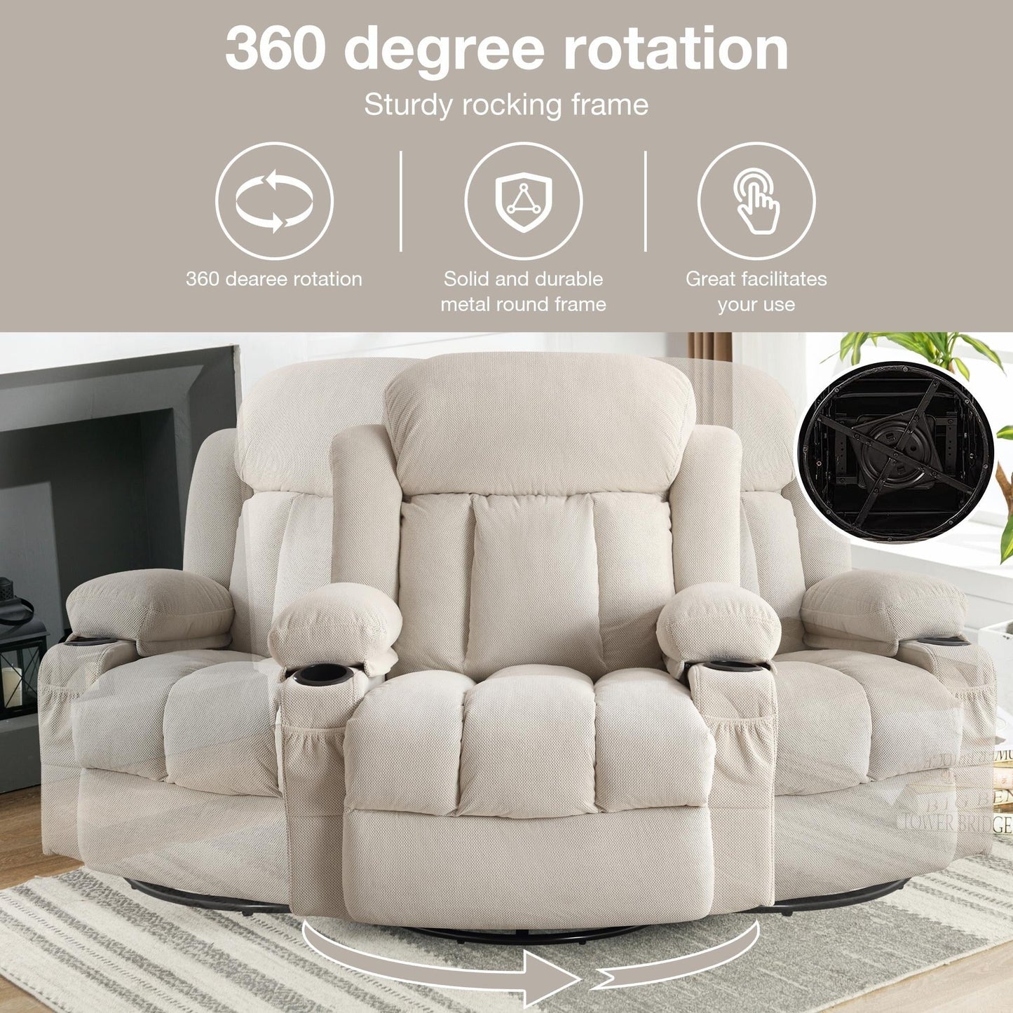 Fauteuil massant chauffant pivotant, avec port USB et 2 porte-gobelets dans les poches latérales