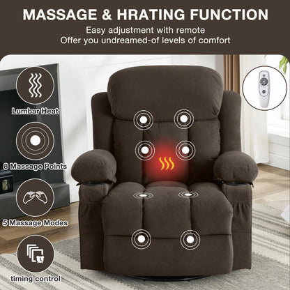 Fauteuil massant chauffant pivotant, avec port USB et 2 porte-gobelets dans les poches latérales