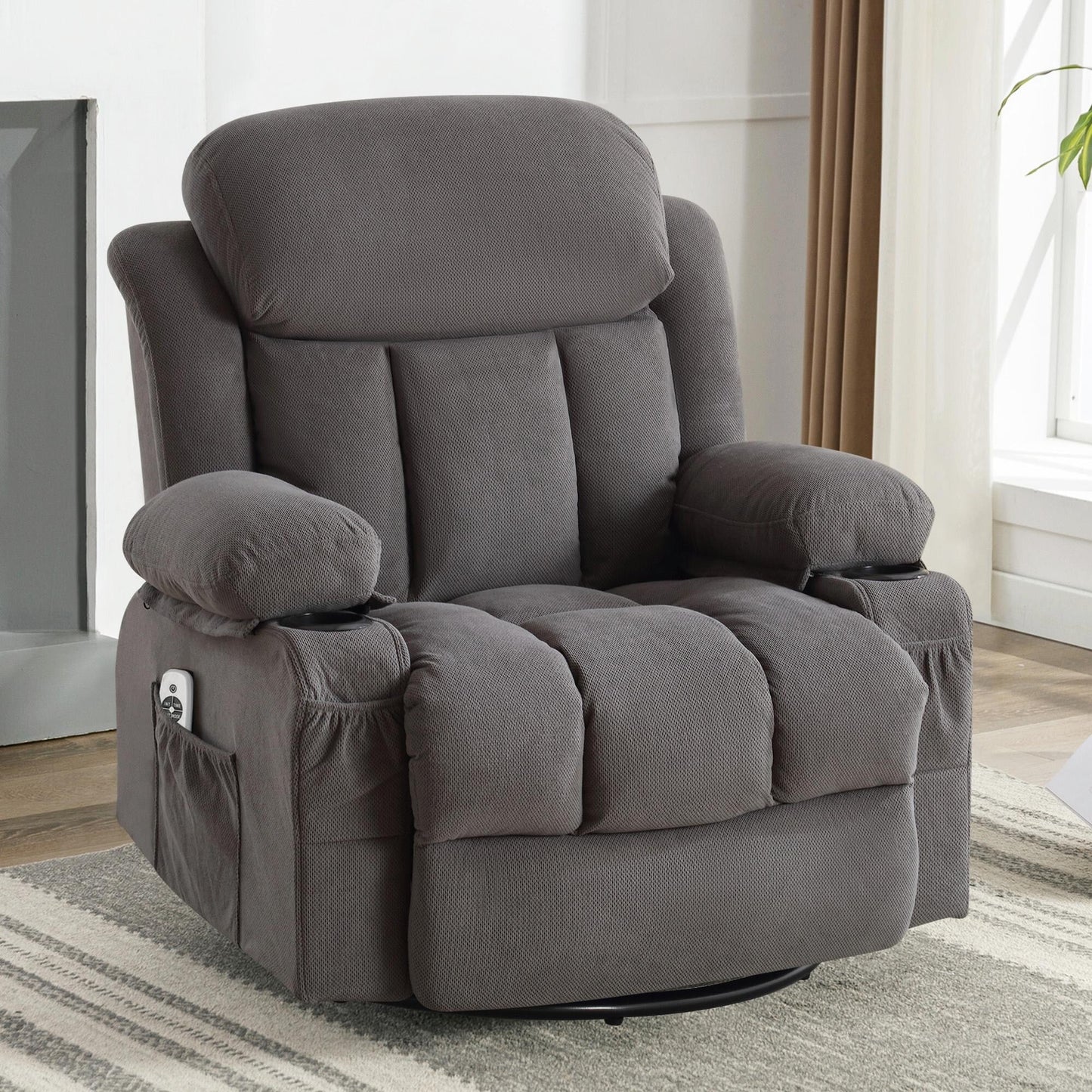 Fauteuil massant chauffant pivotant, avec port USB et 2 porte-gobelets dans les poches latérales