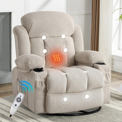 Fauteuil massant chauffant pivotant, avec port USB et 2 porte-gobelets dans les poches latérales